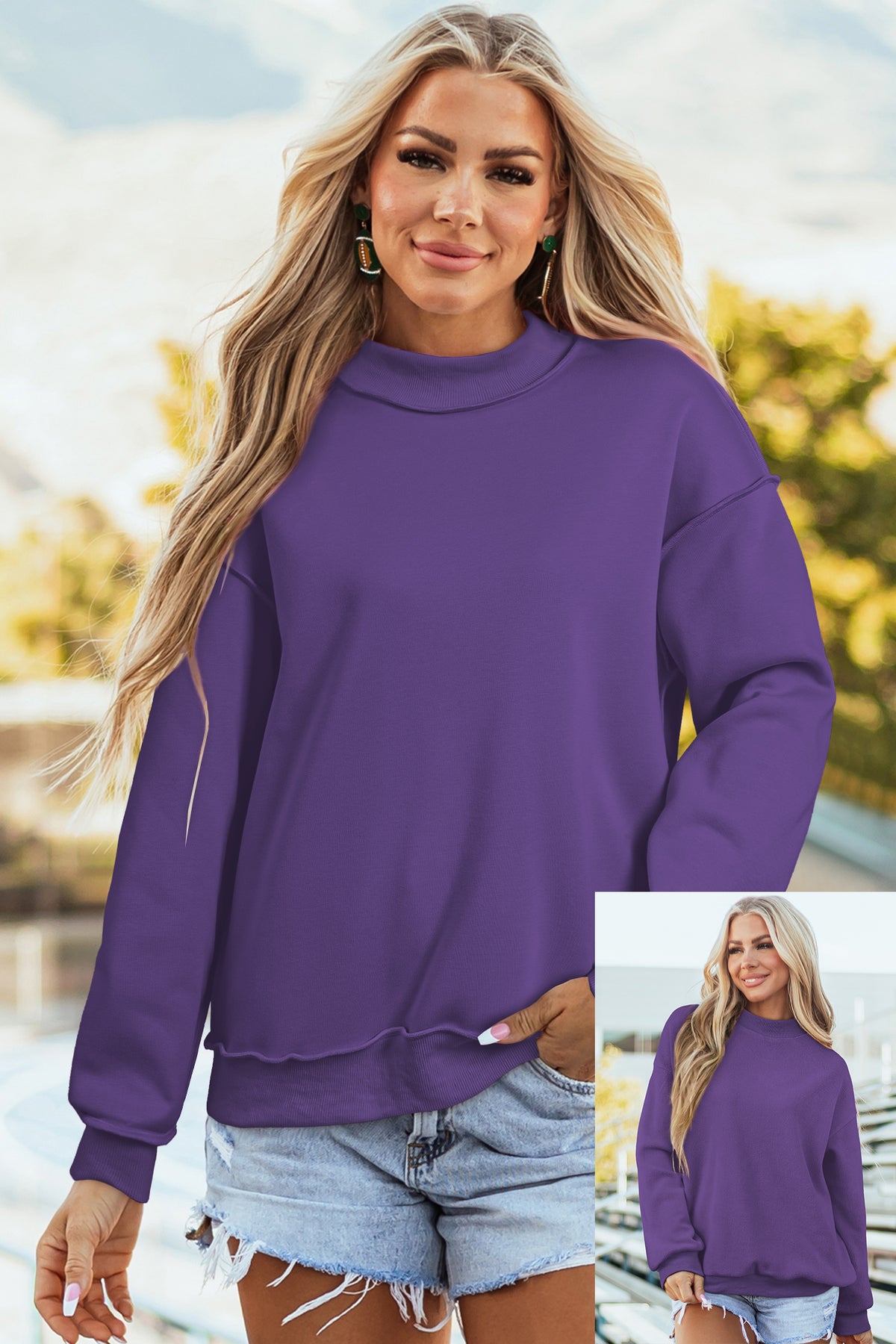 Bluing Oversize Drop Shoulder Reversible Mock Neck Sweatshirt