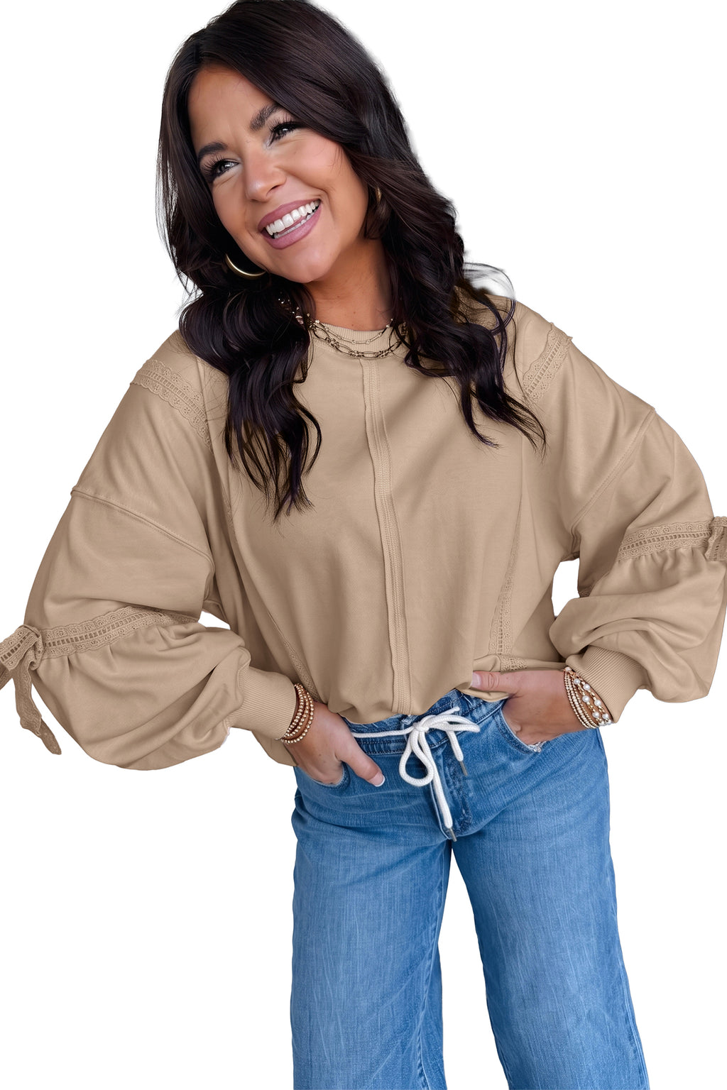 Pink Solid Color Raw Seam Lace Detail Loose Casual Sweatshirt