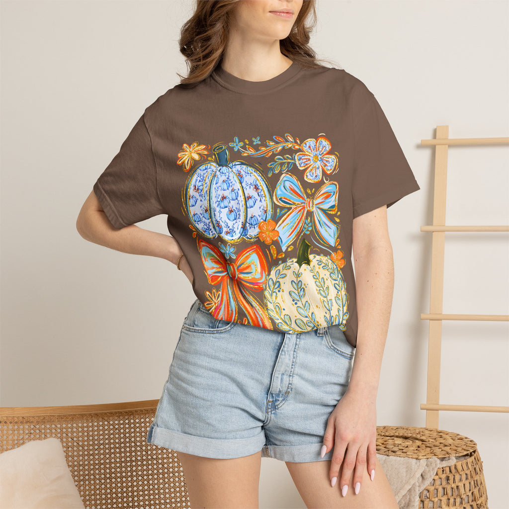 Pumpkin Bow T-Shirt — Floral Decorative Fall Pumpkins Tee