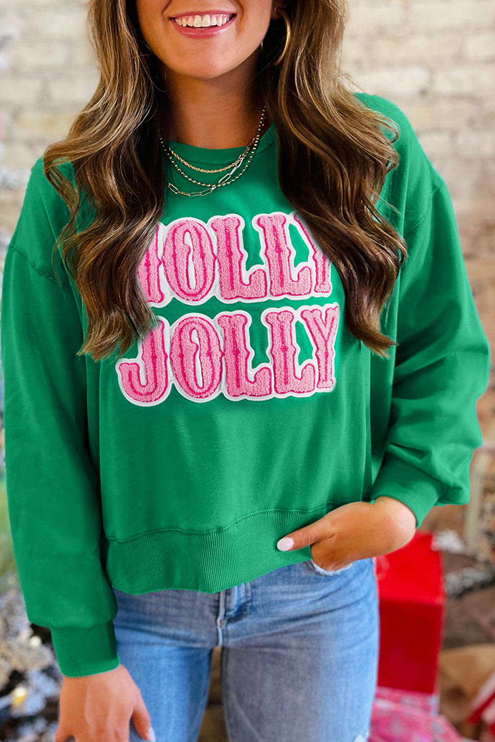 Sea Green HOLLY JOLLY Towel Embroidered Christmas Holiday Sweatshirt