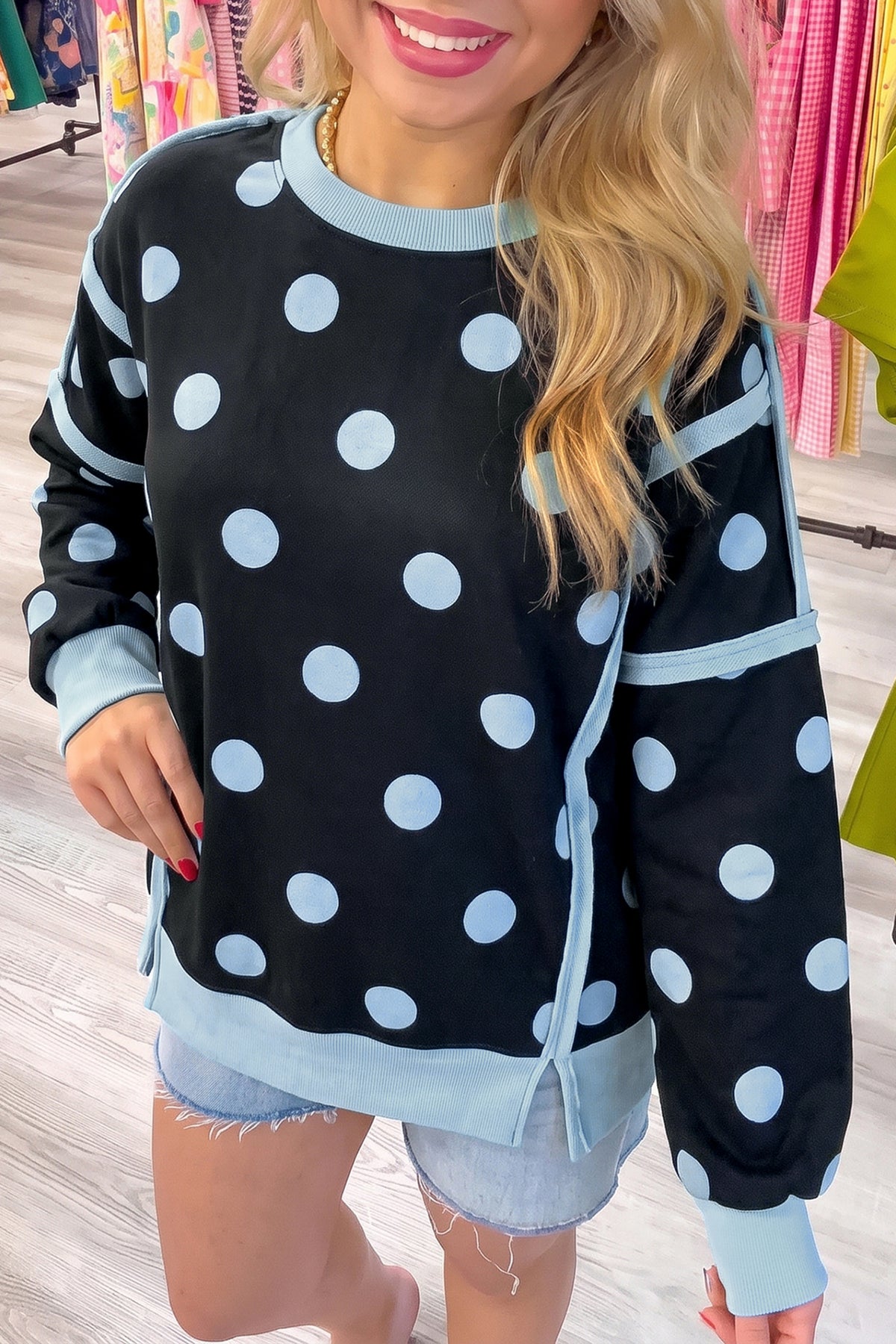 Blue Polka Dot Contrast Patchwork Round Neck Baggy Sweatshirt