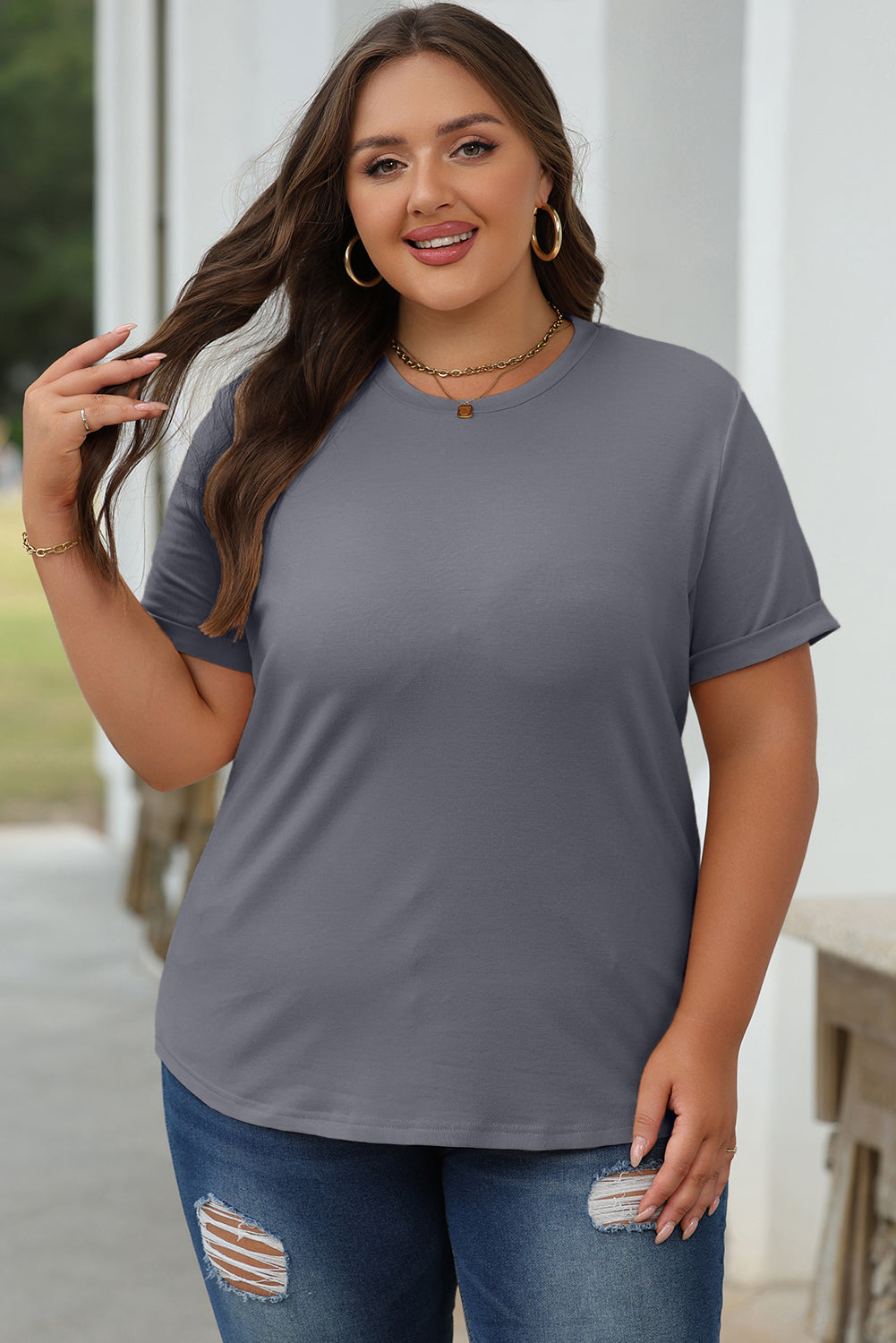 Tillandsia Purple Casual Plain Crew Neck Tee