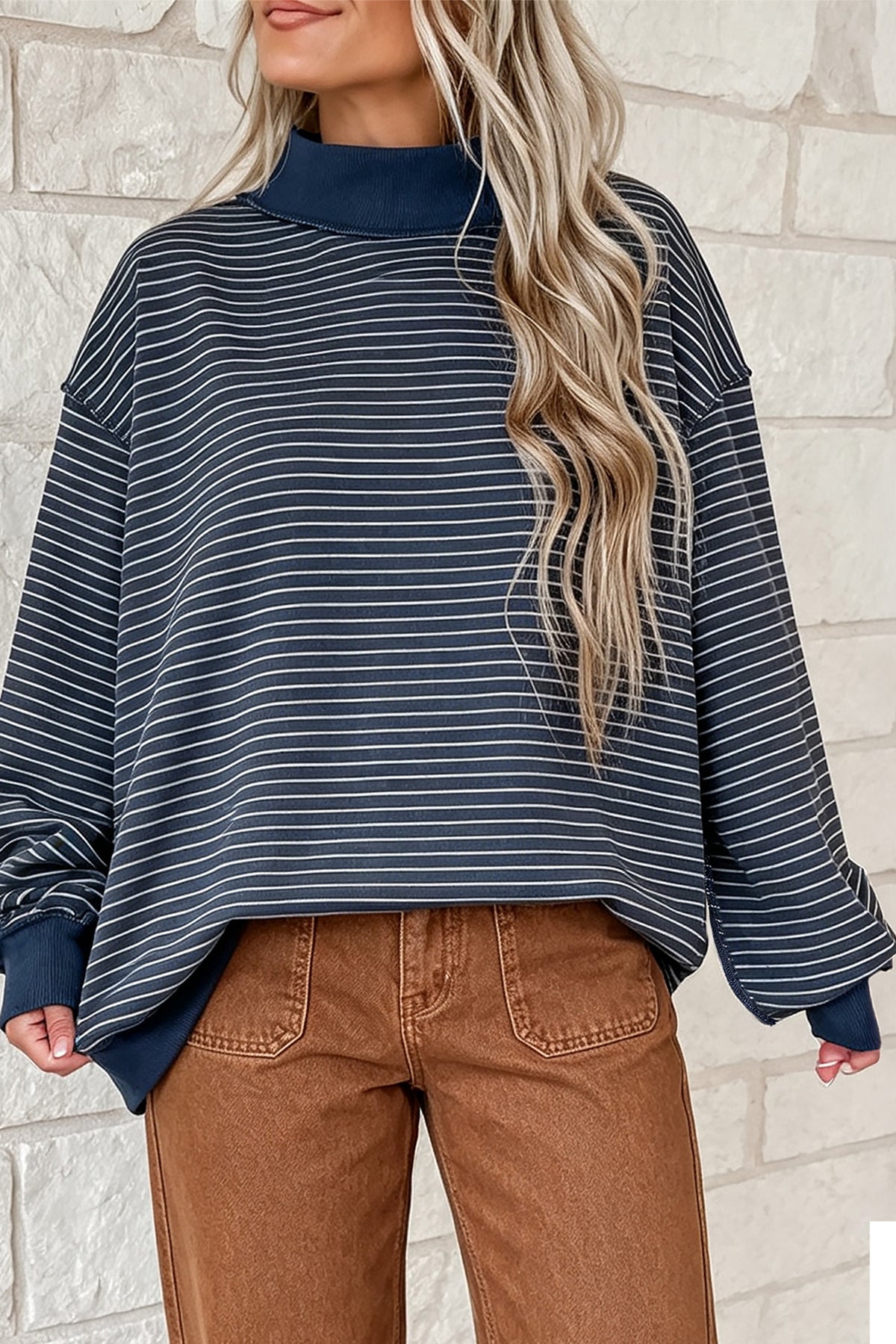Khaki Stripe Ribbed Color Block Mock Neck Oversized Sweatshirt
