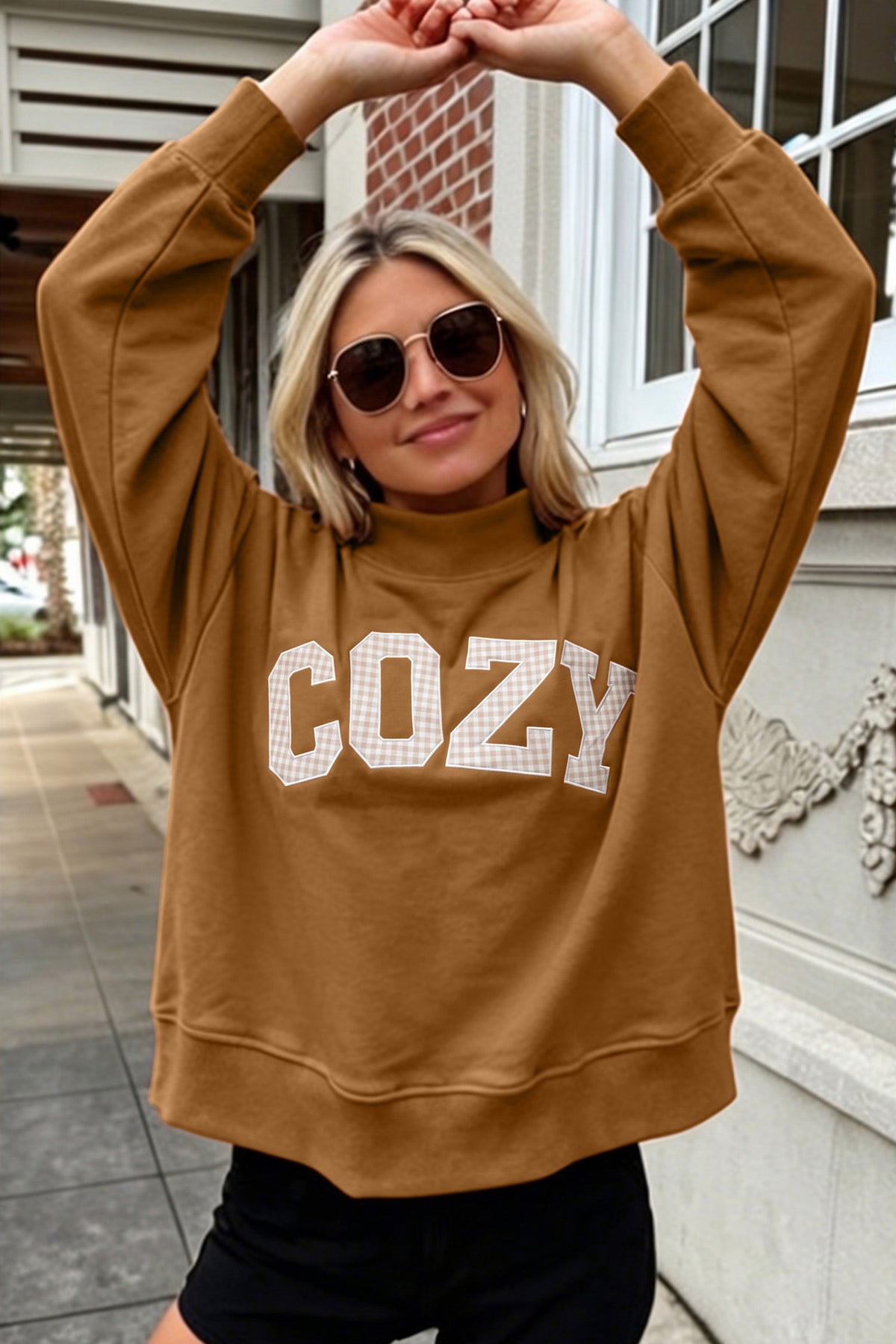 Pink Stay Salty Embroidered Long Sleeve Stand Neck Shift Pullover Sweatshirt