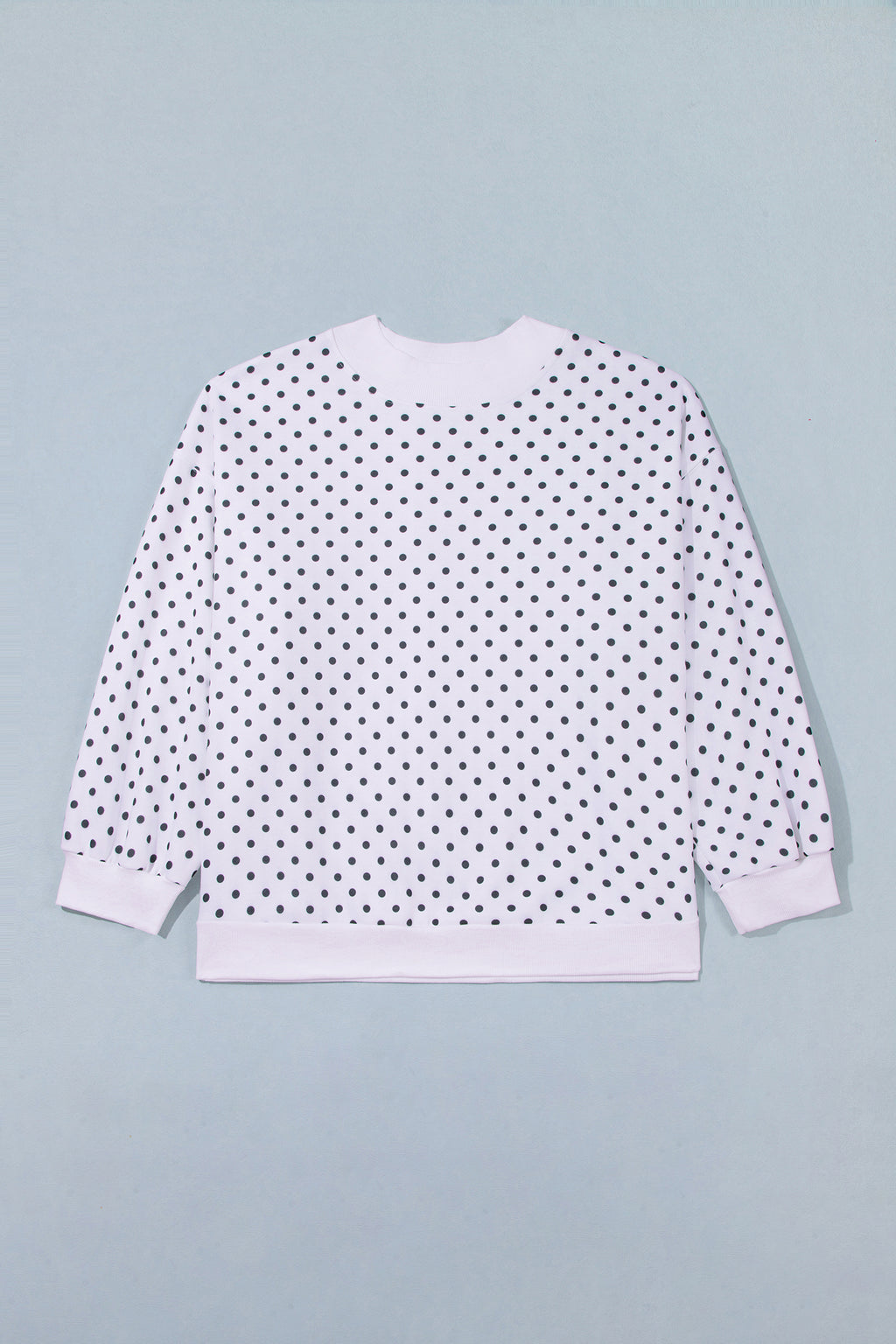 White Polka Dot Ribbed Stand Neck Plus Size Casual Sweatshirt