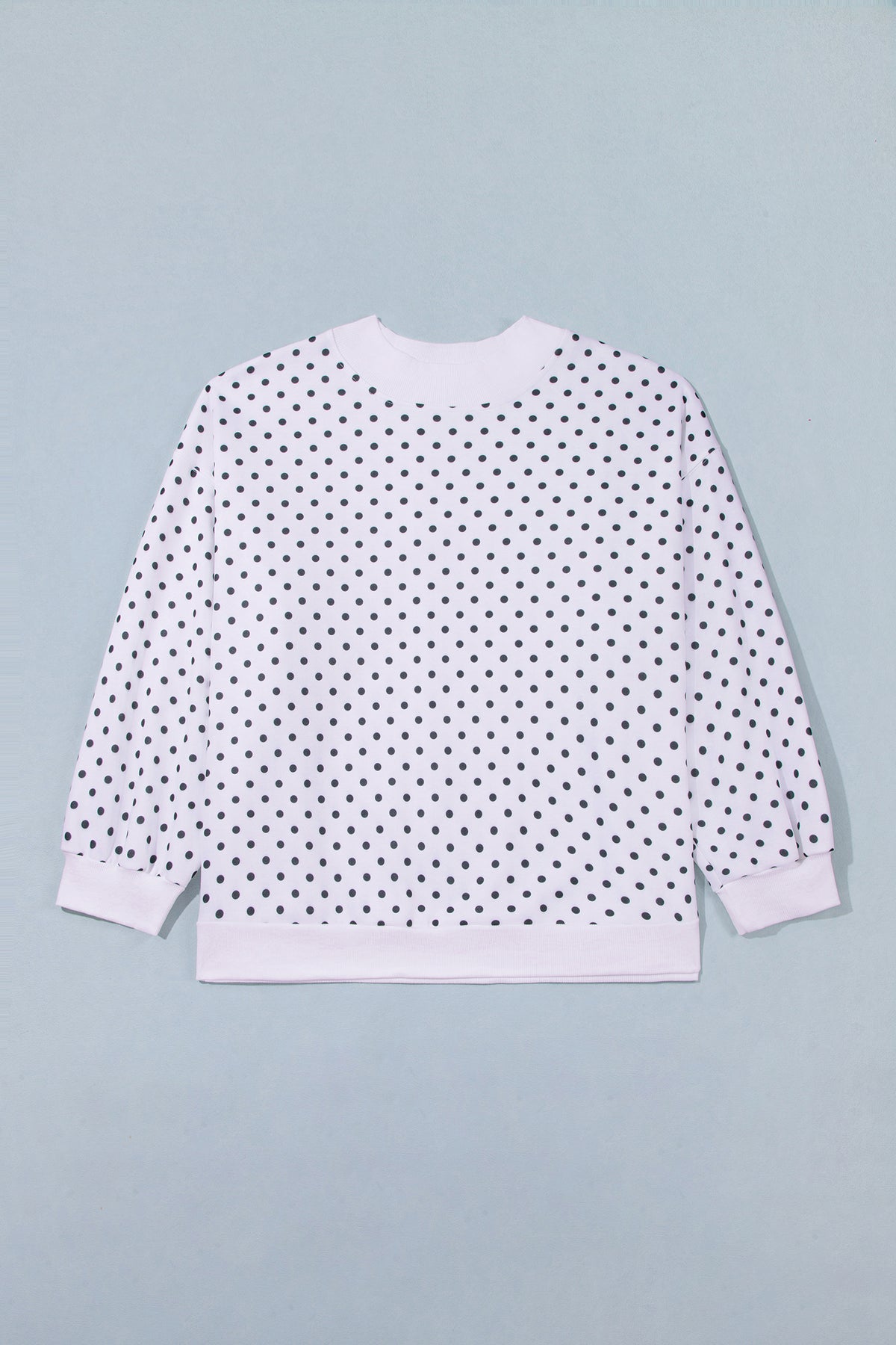 White Polka Dot Ribbed Stand Neck Plus Size Casual Sweatshirt