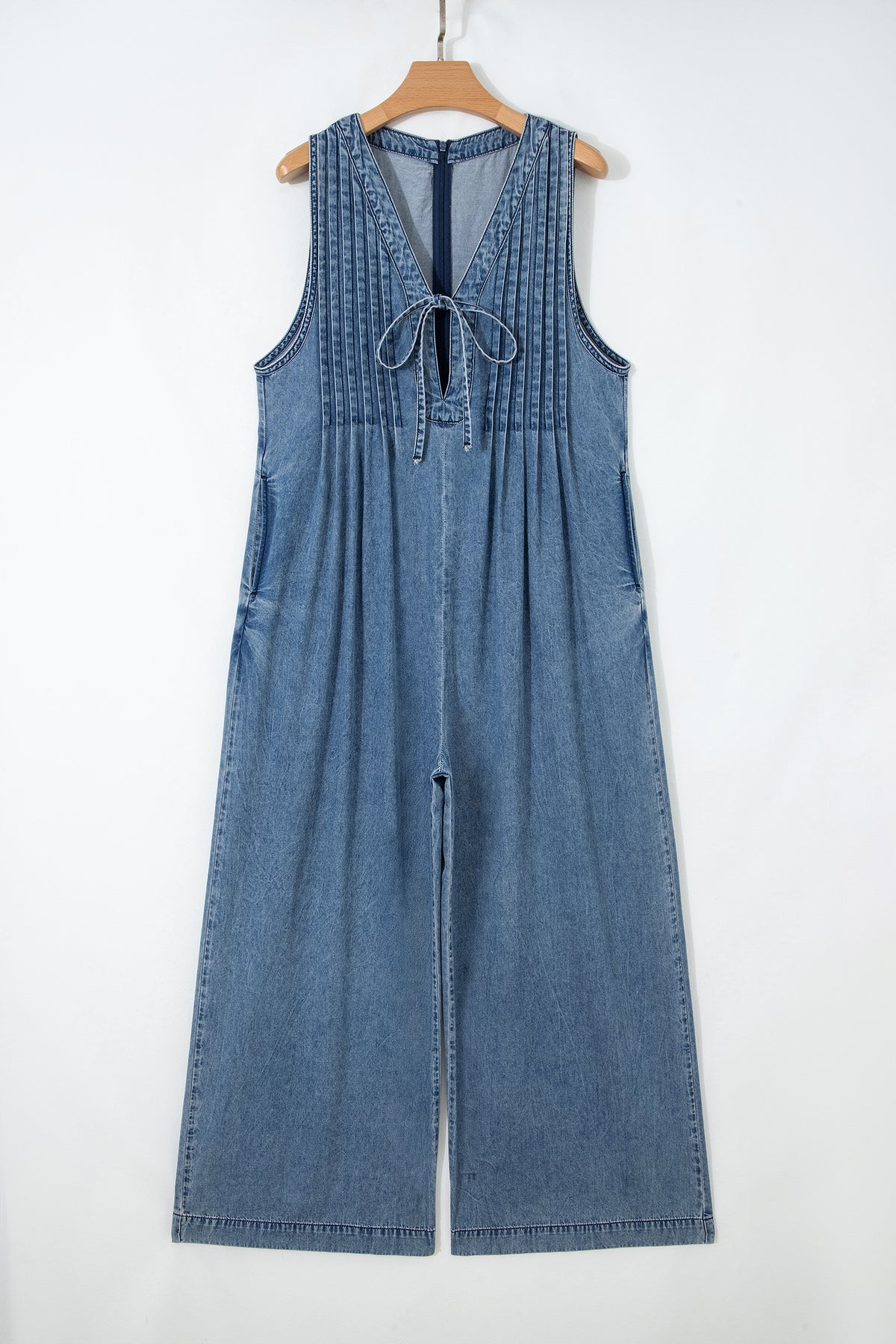 Dusk Blue 100% Cotton Acid Wash Pintuck Tie V Neck Denim Wide Leg Jumpsuit
