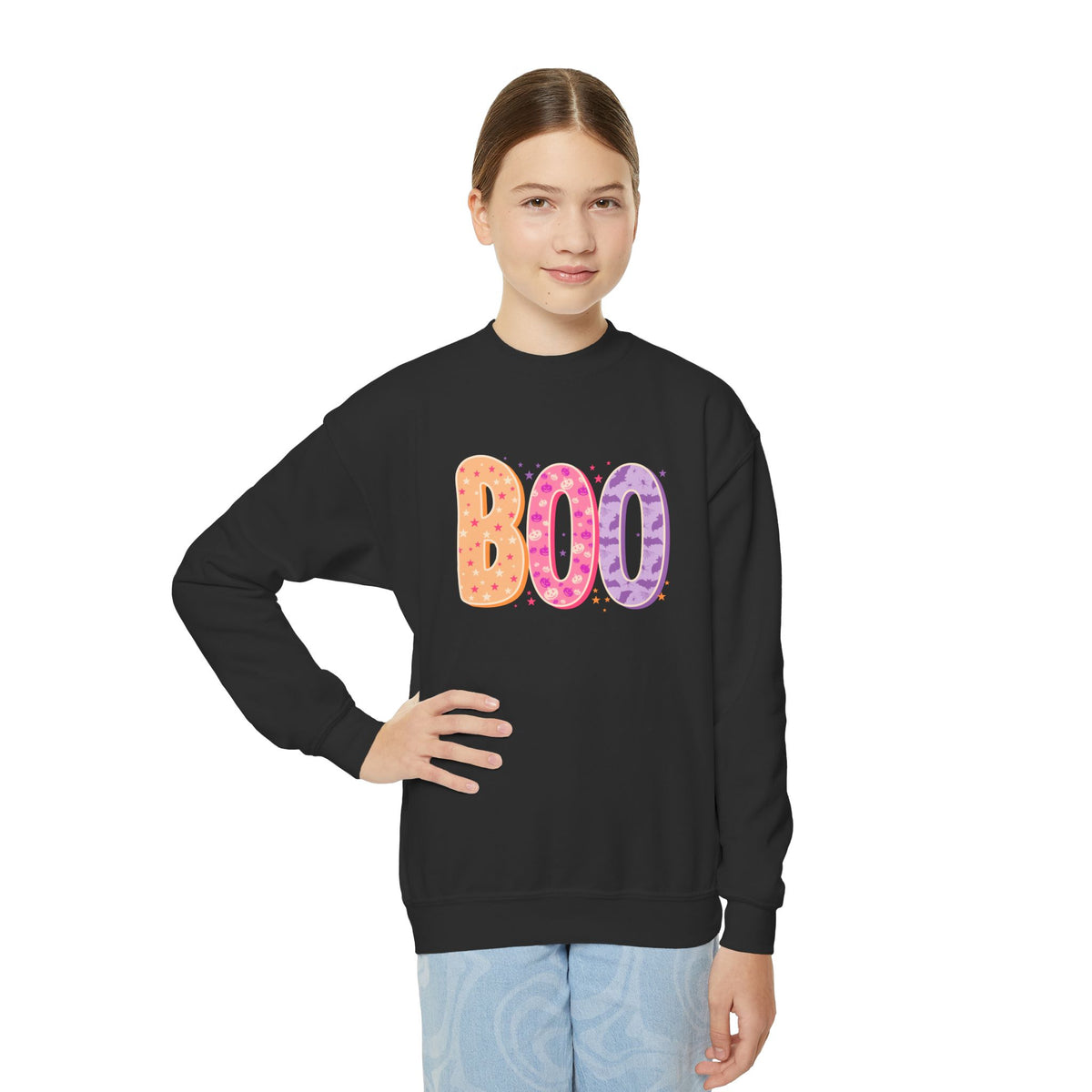 Youth Halloween 'BOO' Crewneck Sweatshirt - Colorful Candy Dotted Design
