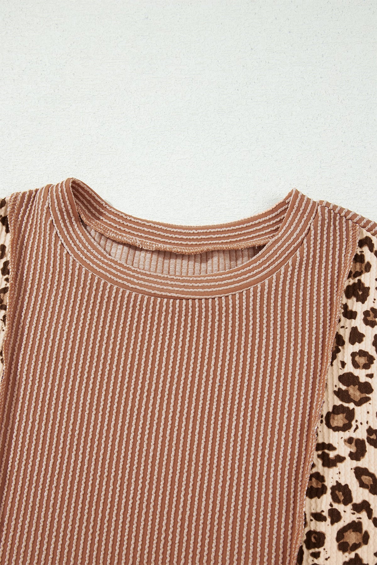 Leopard Colorblock Reverse Seam Corded Knit Long Sleeve Top