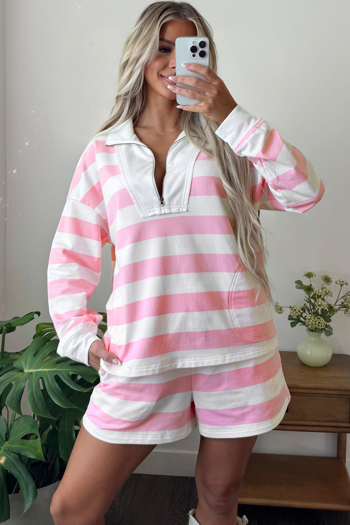Pink Stripe Patchwork Zipper Pullover Elastic Waist Shorts 2pcs Set