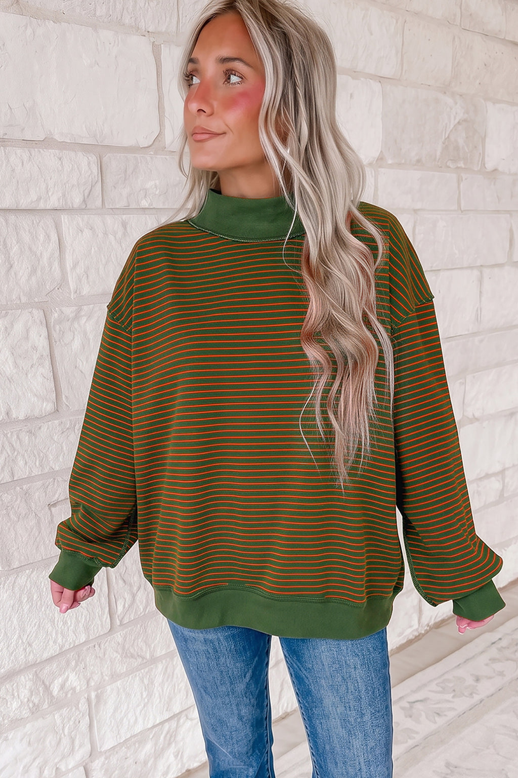 Khaki Stripe Ribbed Color Block Mock Neck Oversized Sweatshirt