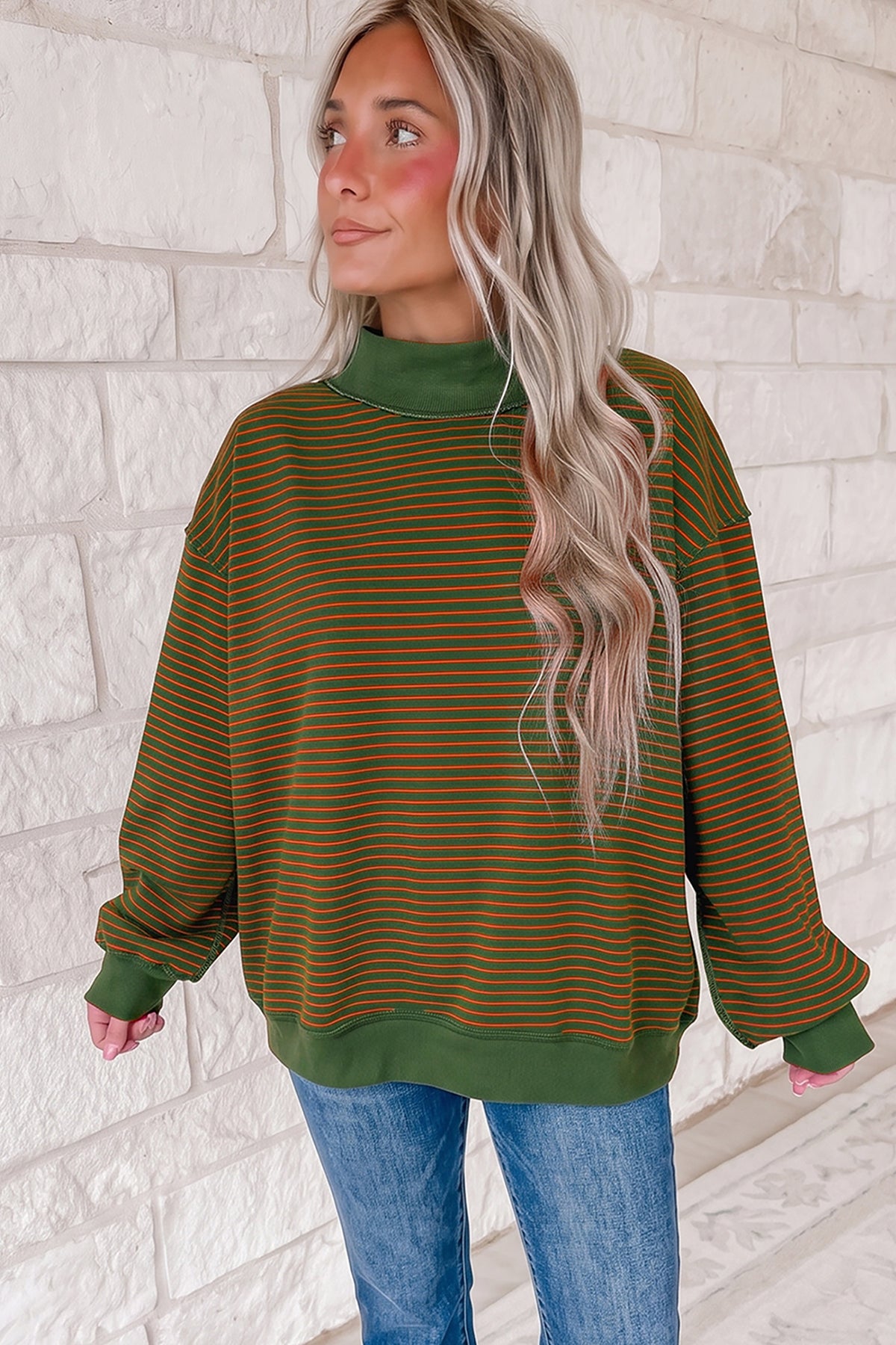 Khaki Stripe Ribbed Color Block Mock Neck Oversized Sweatshirt