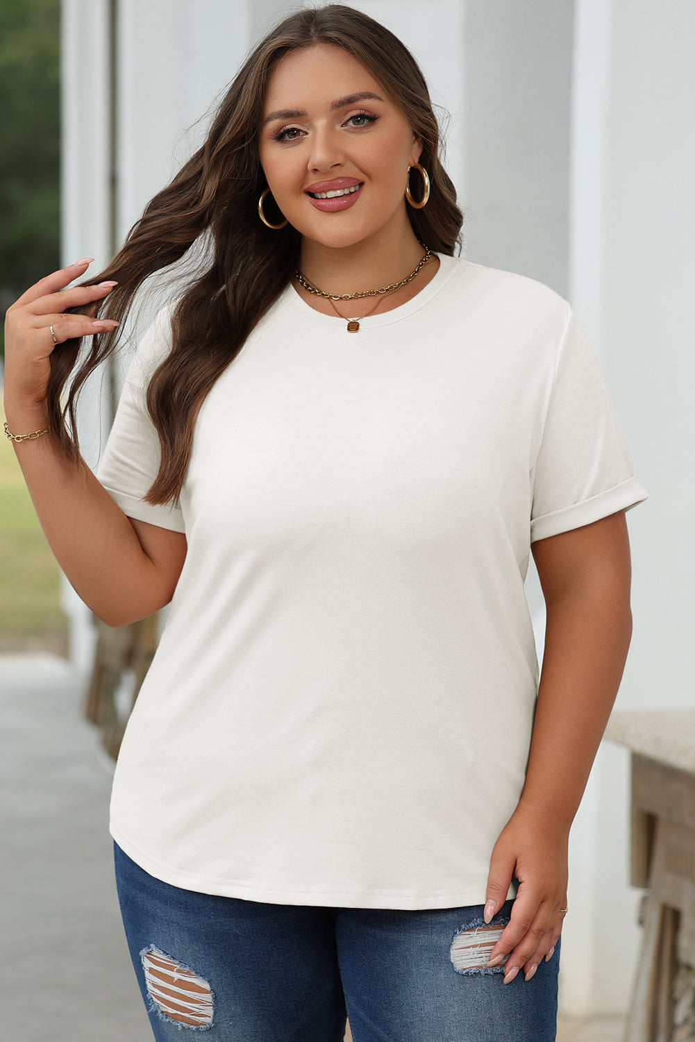 Tillandsia Purple Casual Plain Crew Neck Tee