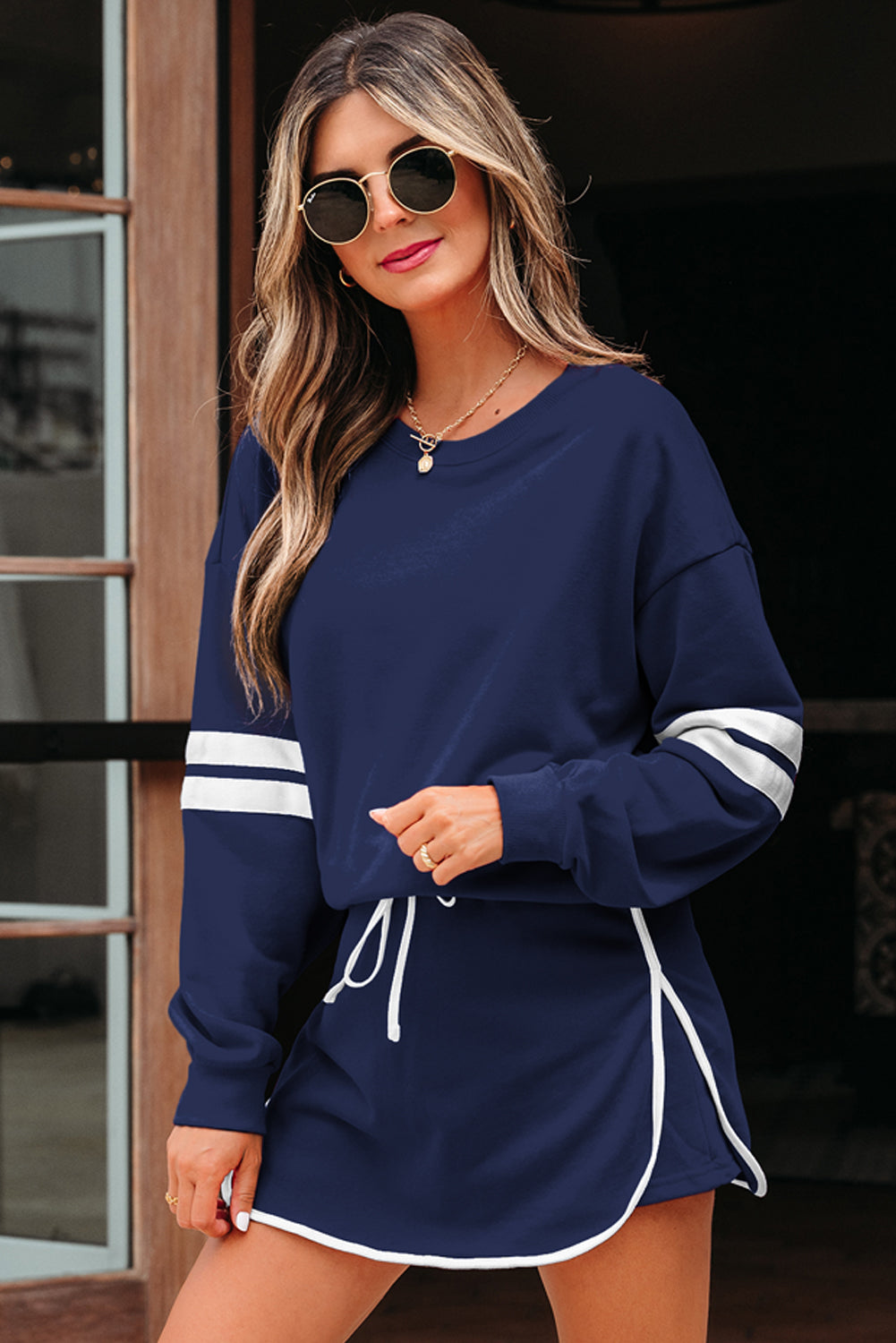 Tillandsia Purple Varsity Stripe Detail Drop Shoulder Pullover Mini Skort Set