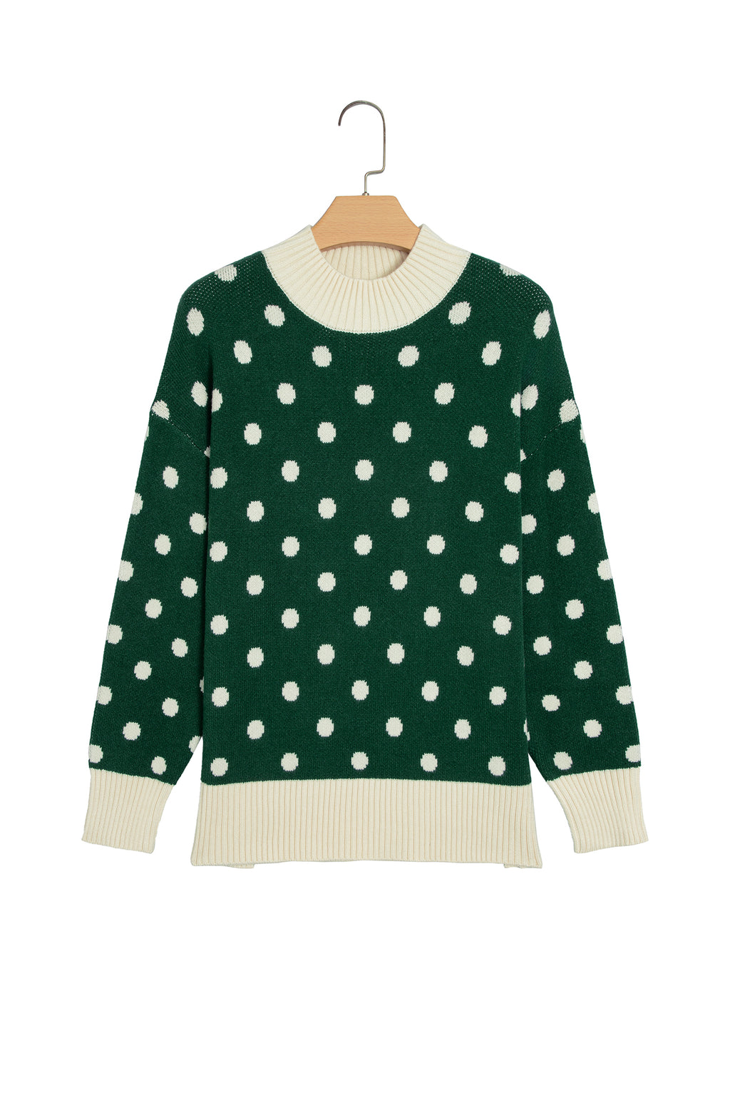 Red Polka Dot Pattern Ribbed Colorblock Trim Split Tunic Sweater