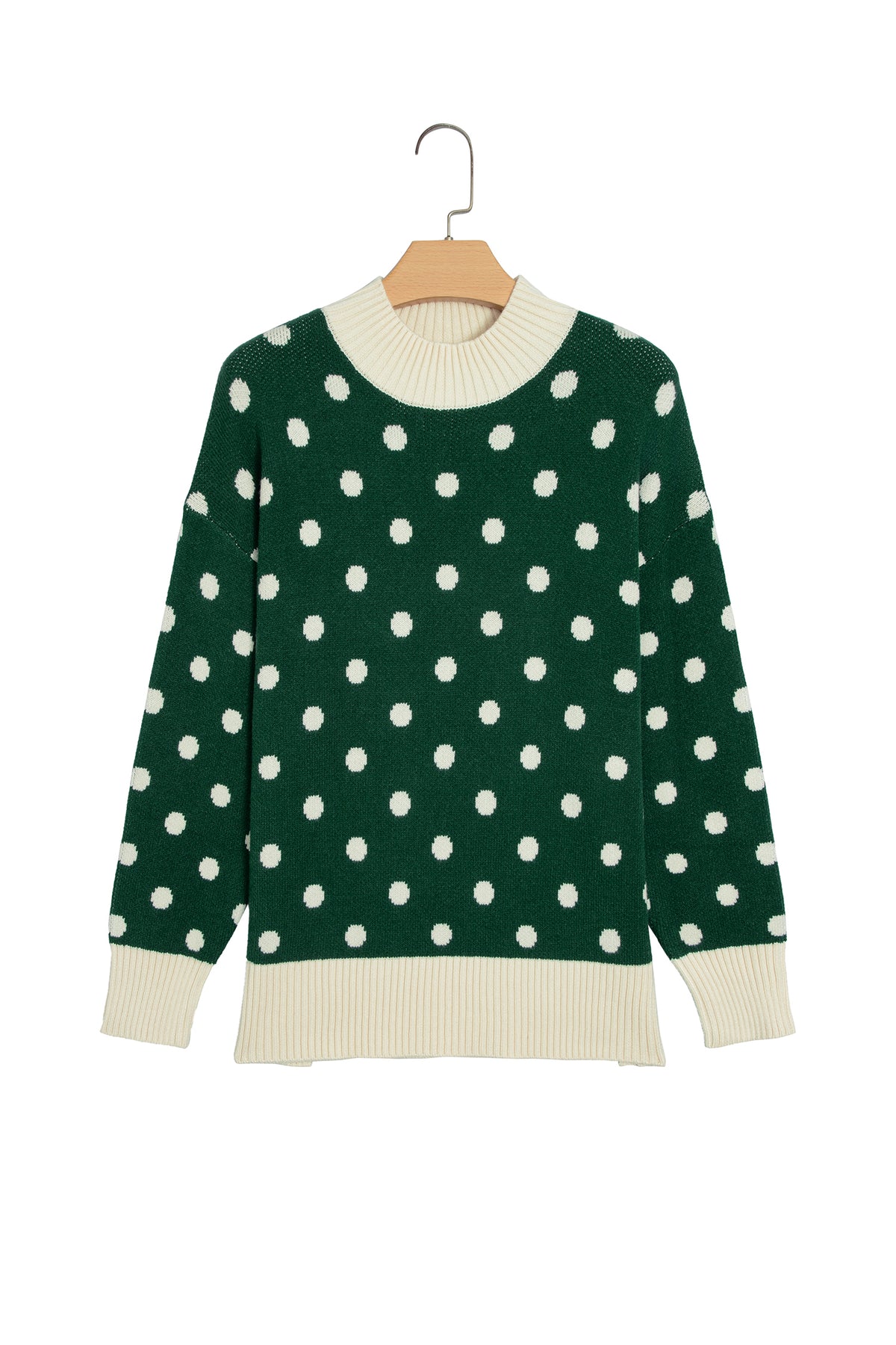 Red Polka Dot Pattern Ribbed Colorblock Trim Split Tunic Sweater