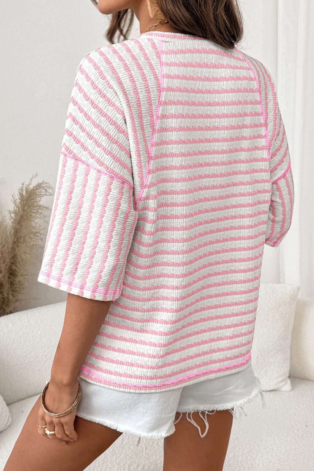 Blue Stripe Textured Knit Split Hem Half Sleeve Loose Top