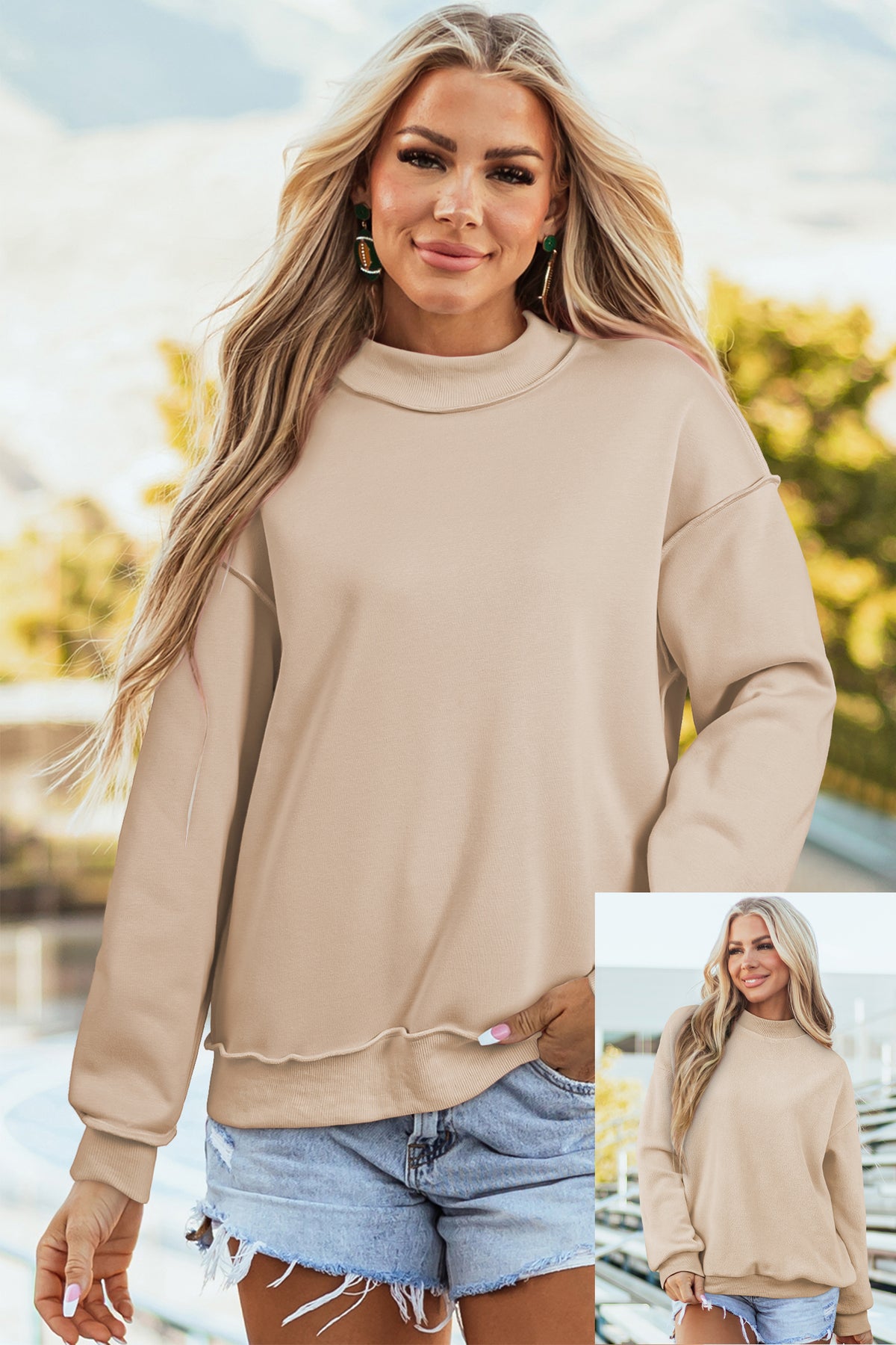 Bluing Oversize Drop Shoulder Reversible Mock Neck Sweatshirt