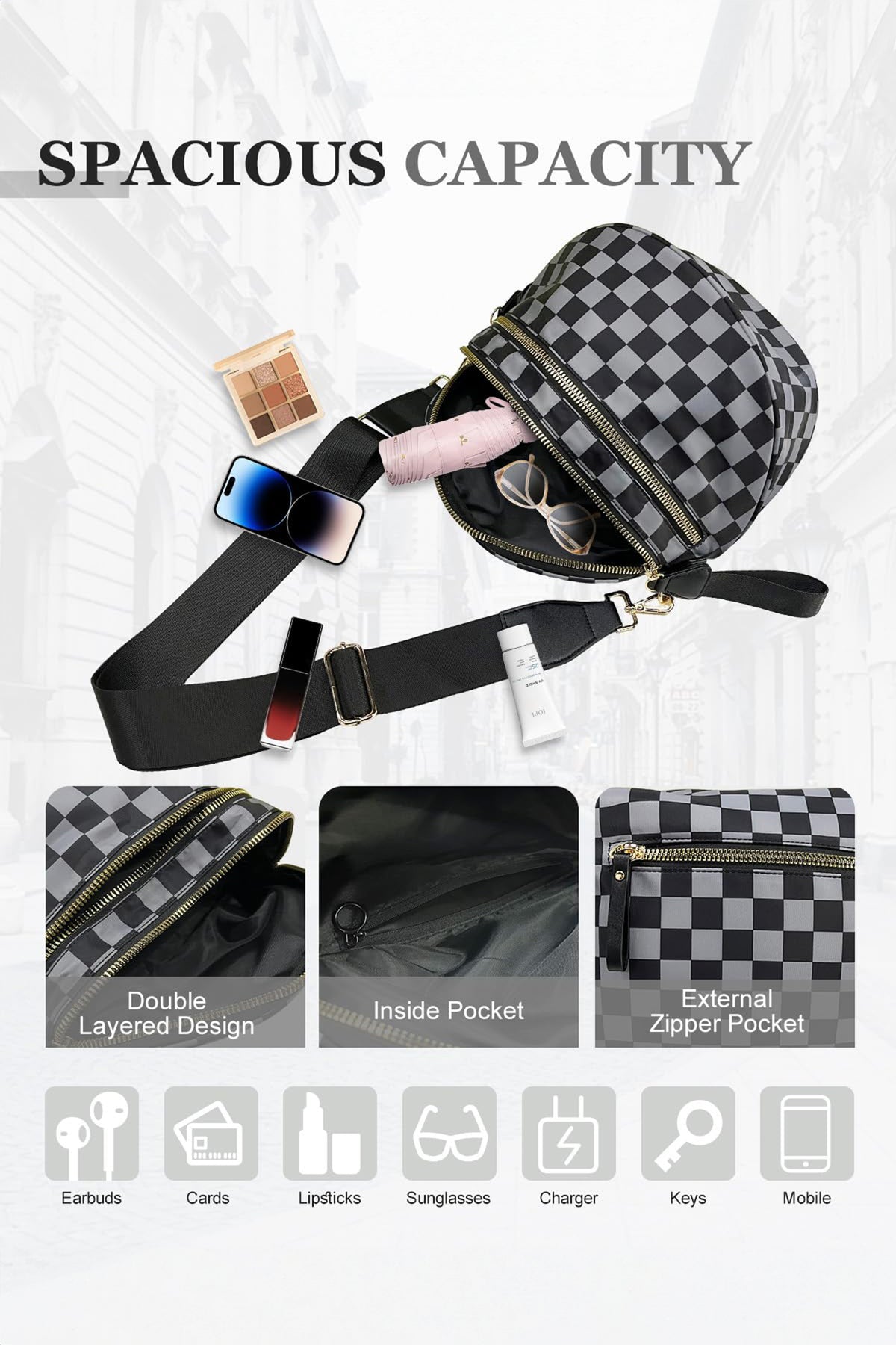 Blackish Green Checkered Print Wide Strap Large Crossbody Bag