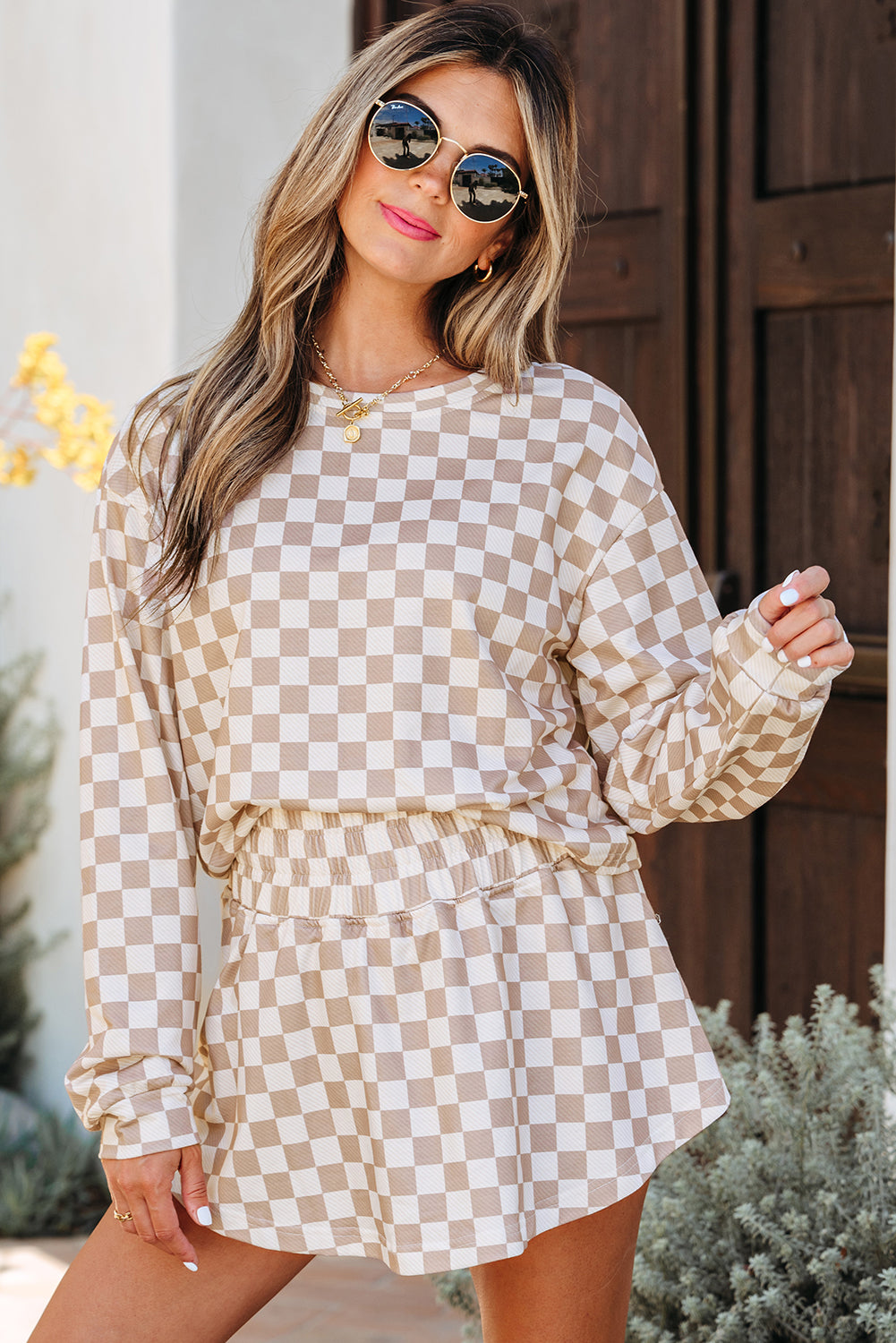 Khaki Checkered Long Sleeve Crop Top High Waist Skort 2pcs Set