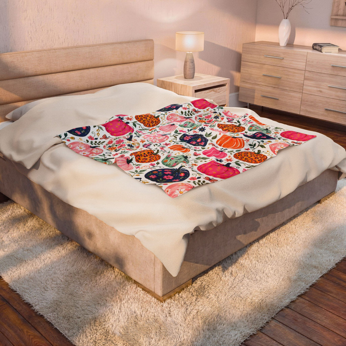 Plush Blanket - Colorful Floral Pumpkin Fall Throw