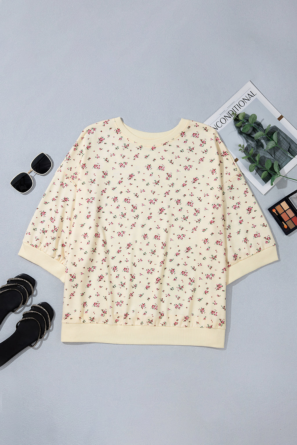 Beige Floral Print Colorblock Cuffs Hem Plus Size Blouse
