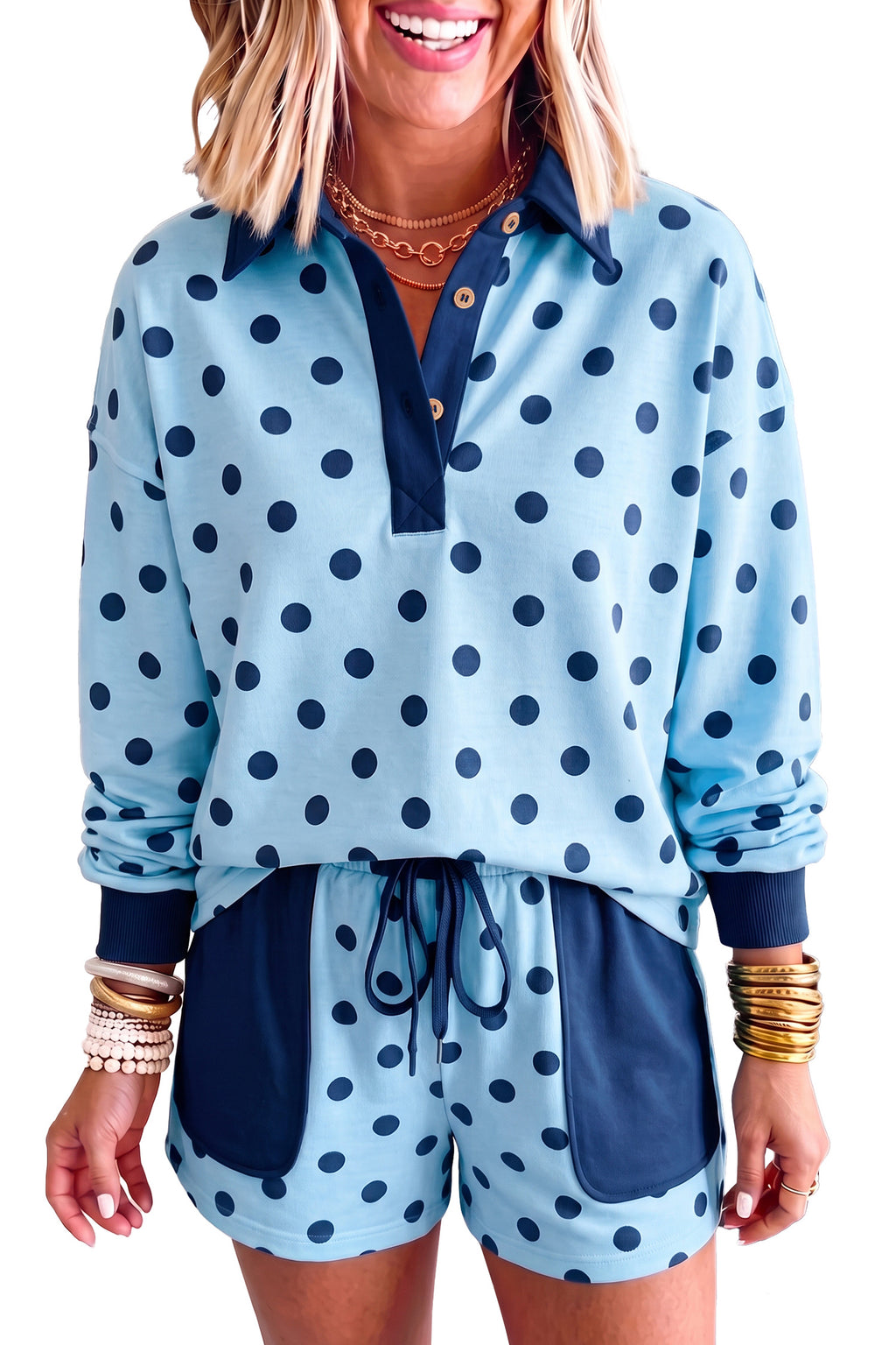 Pink Polka Dot Drop Shoulder Polo Loose Pullover Patch Pocket Casual Shorts Set