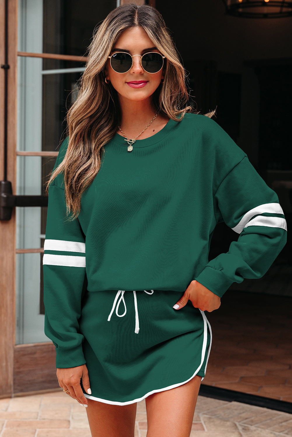 Tillandsia Purple Varsity Stripe Detail Drop Shoulder Pullover Mini Skort Set