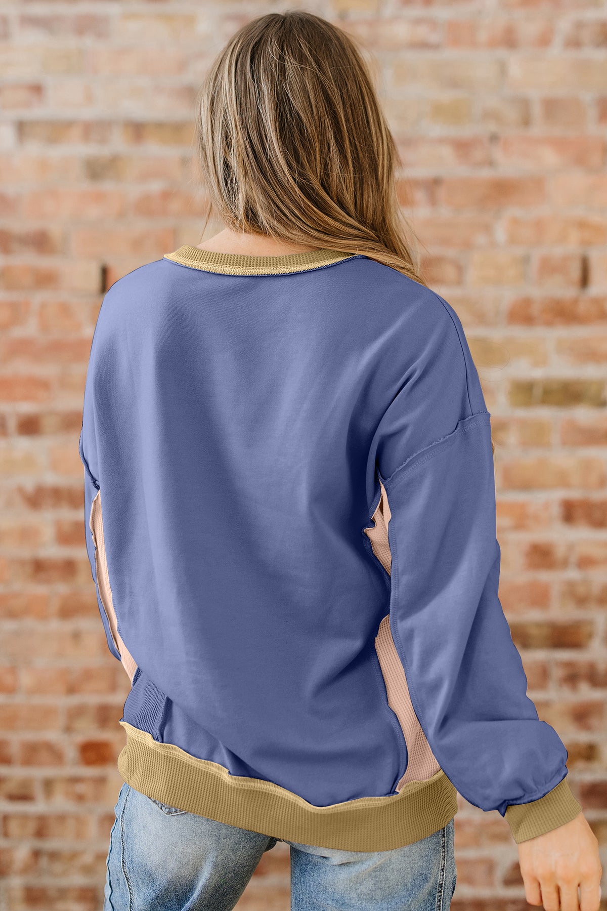 Smoke Green Color Block Mix Texture Waffle Patchwork Oversize Sweatshirt