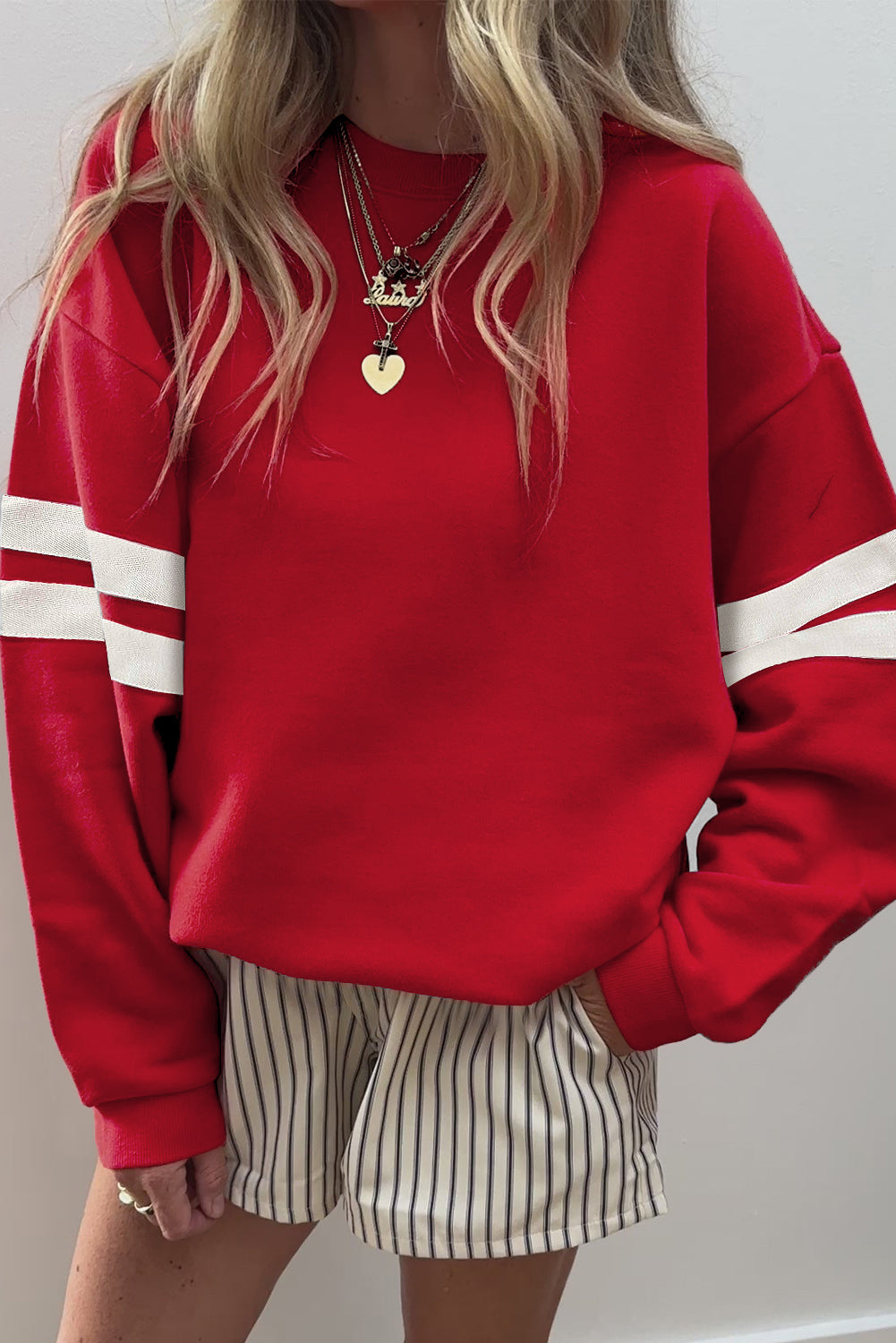 White Varsity Striped Detail Drop Shoulder Oversized Sweatshirt