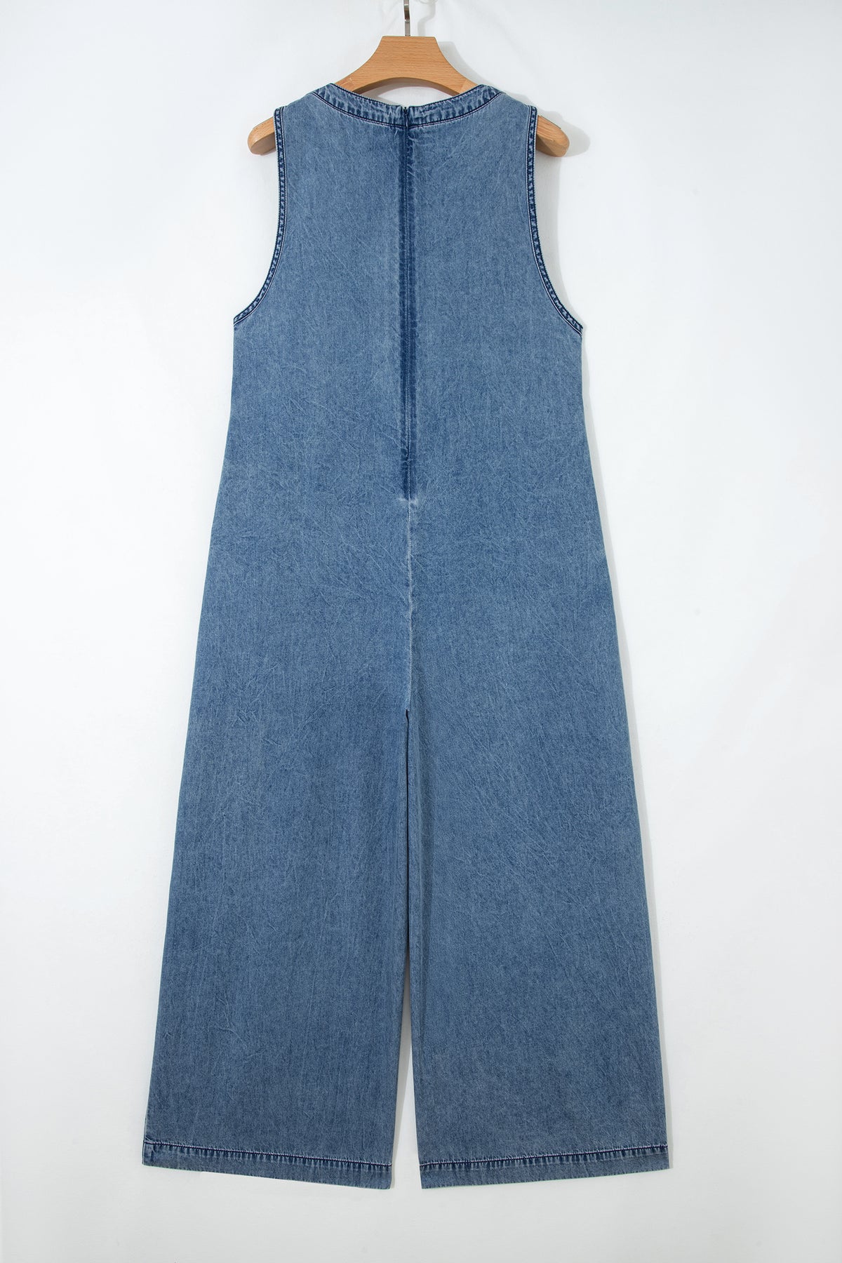 Dusk Blue 100% Cotton Acid Wash Pintuck Tie V Neck Denim Wide Leg Jumpsuit