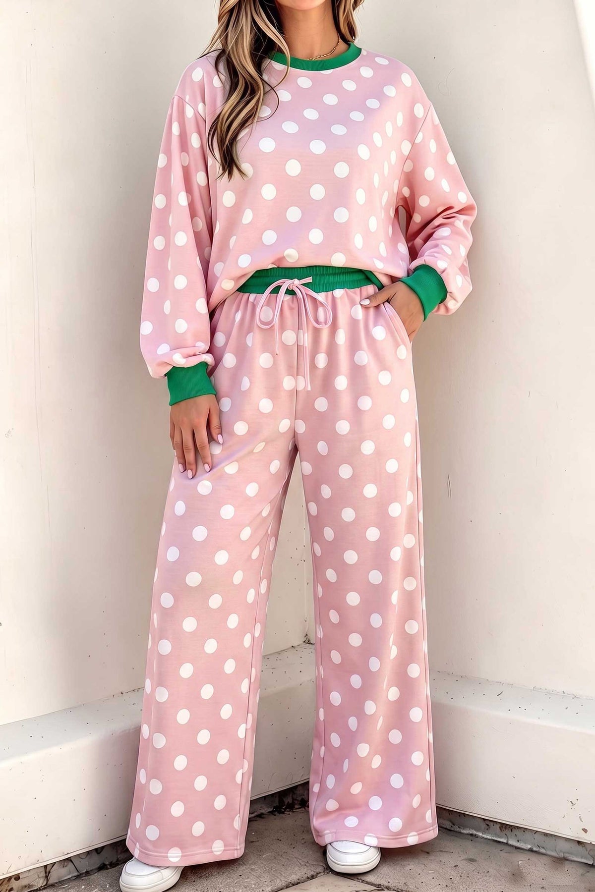Khaki Polka Dot Contrast Trim Long Sleeve Top Drawstring Shift Pants Set