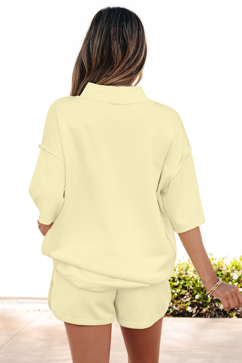 Yellow Cream Solid Color Exposed Seam Mock Neck Oversize Tee Casual Shorts 2pcs Outfit