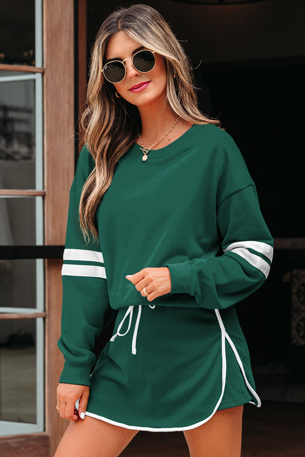 Tillandsia Purple Varsity Stripe Detail Drop Shoulder Pullover Mini Skort Set
