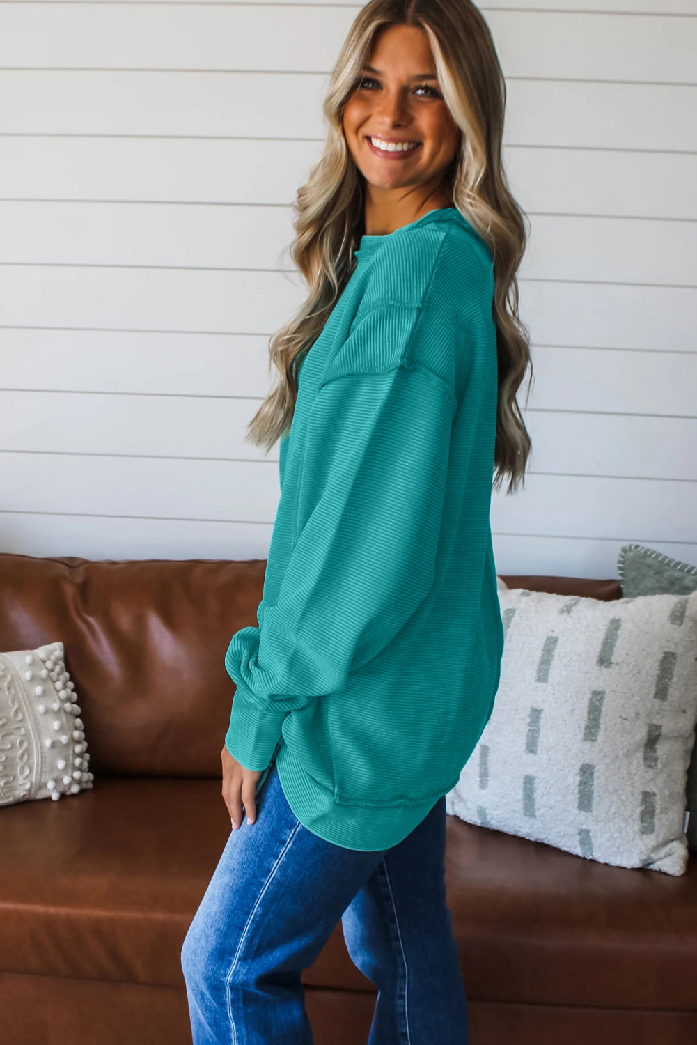 Lavendula Horizontal Ribbed Exposed Seam Detail Drop Shoulder Baggy Pullover