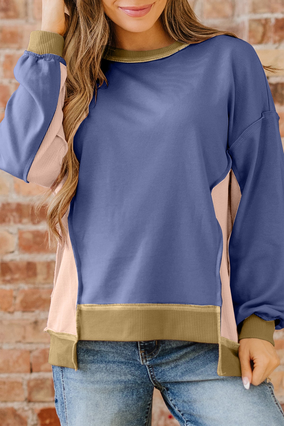 Smoke Green Color Block Mix Texture Waffle Patchwork Oversize Sweatshirt