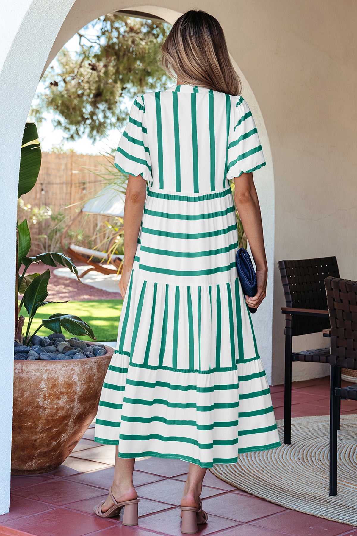 Sky Blue Stripe Ricrac Trim Notched Neck Half Sleeve Vacation Dress