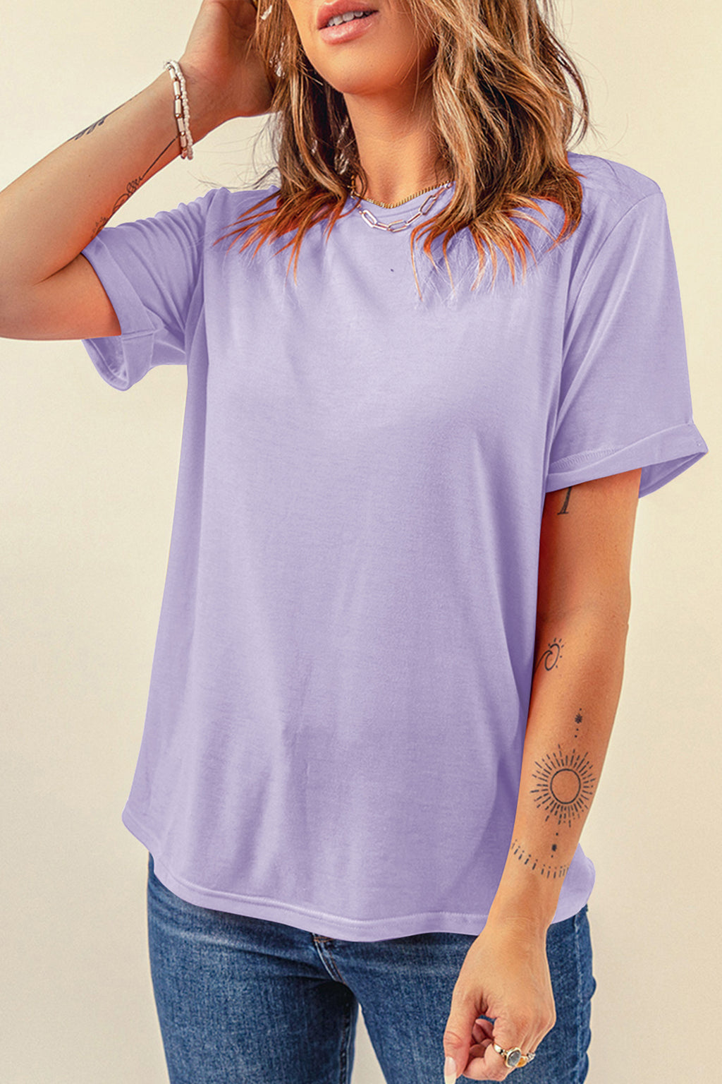Tillandsia Purple Casual Plain Crew Neck Tee