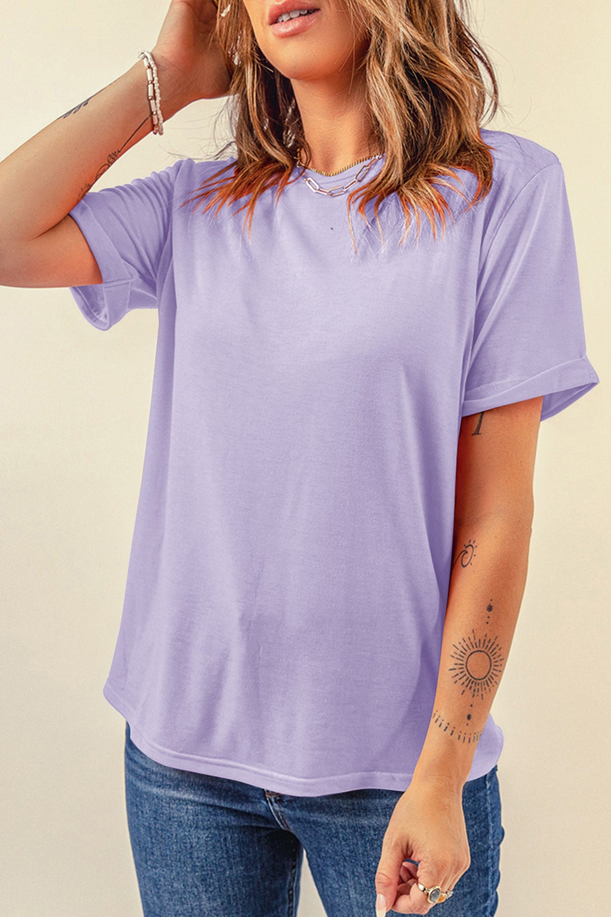 Tillandsia Purple Casual Plain Crew Neck Tee