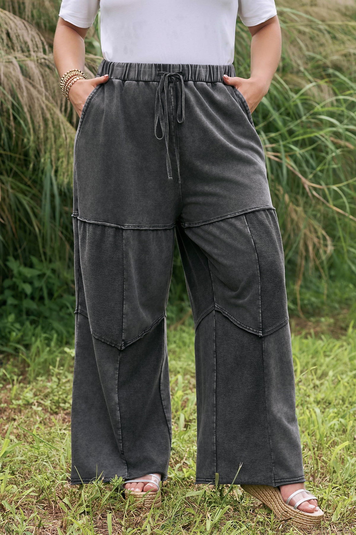Black Plus Size Mineral Wash Exposed Seam Patchwork Drawstring Loose Pants