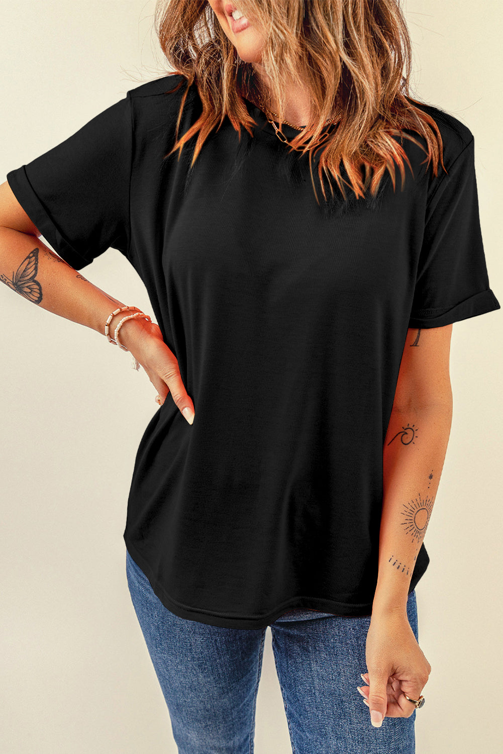 Tillandsia Purple Casual Plain Crew Neck Tee
