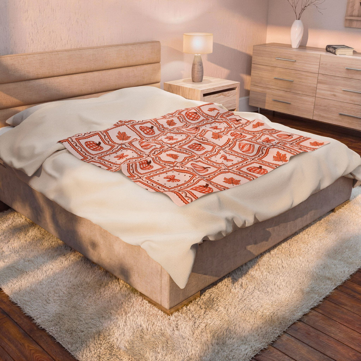 Autumn Patchwork Pumpkin & Maple Leaf Velveteen Plush Blanket