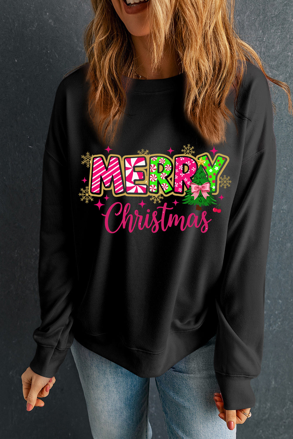 Black MERRY Christmas Playful Letter Print Drop Shoulder Sweatshirt