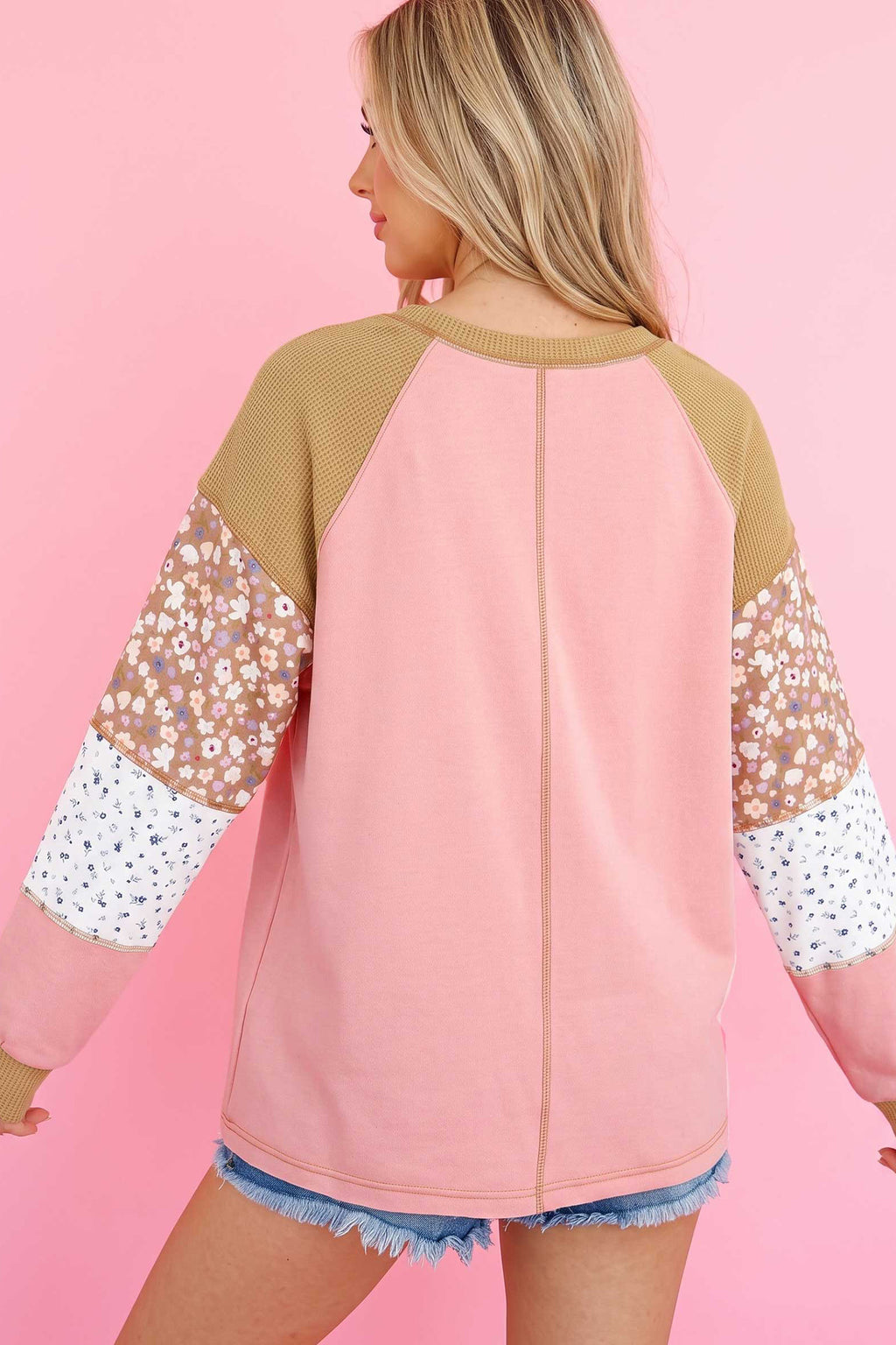 Light Grey Color Block Floral Waffle Mixed Patchwork Long Sleeve Top