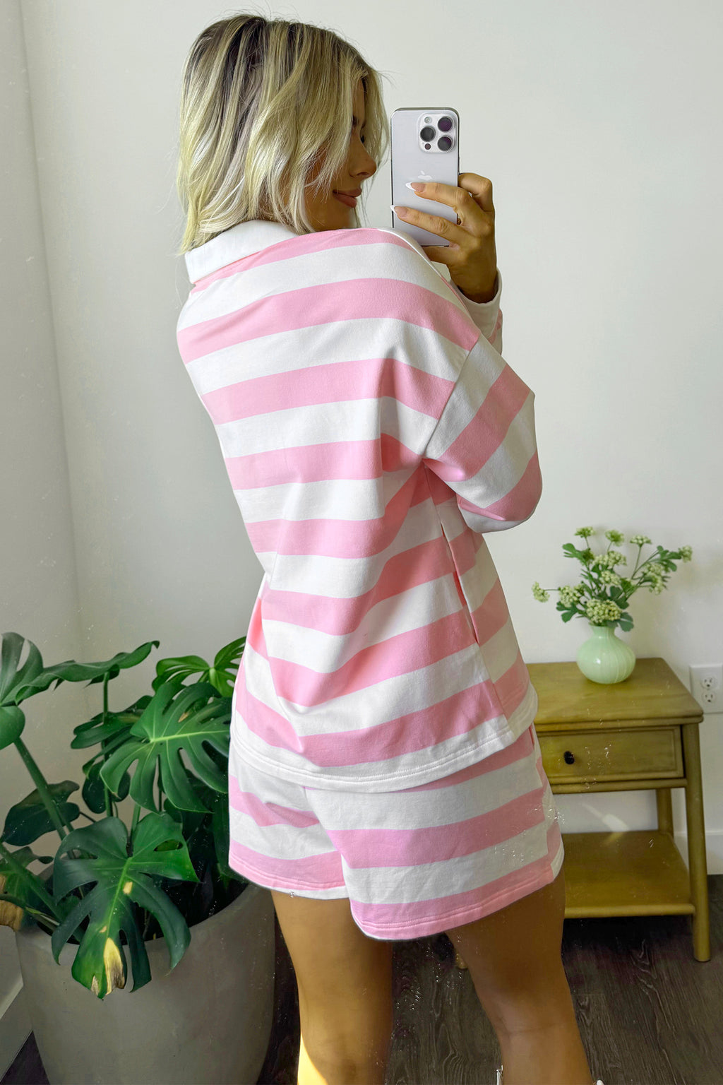 Pink Stripe Patchwork Zipper Pullover Elastic Waist Shorts 2pcs Set