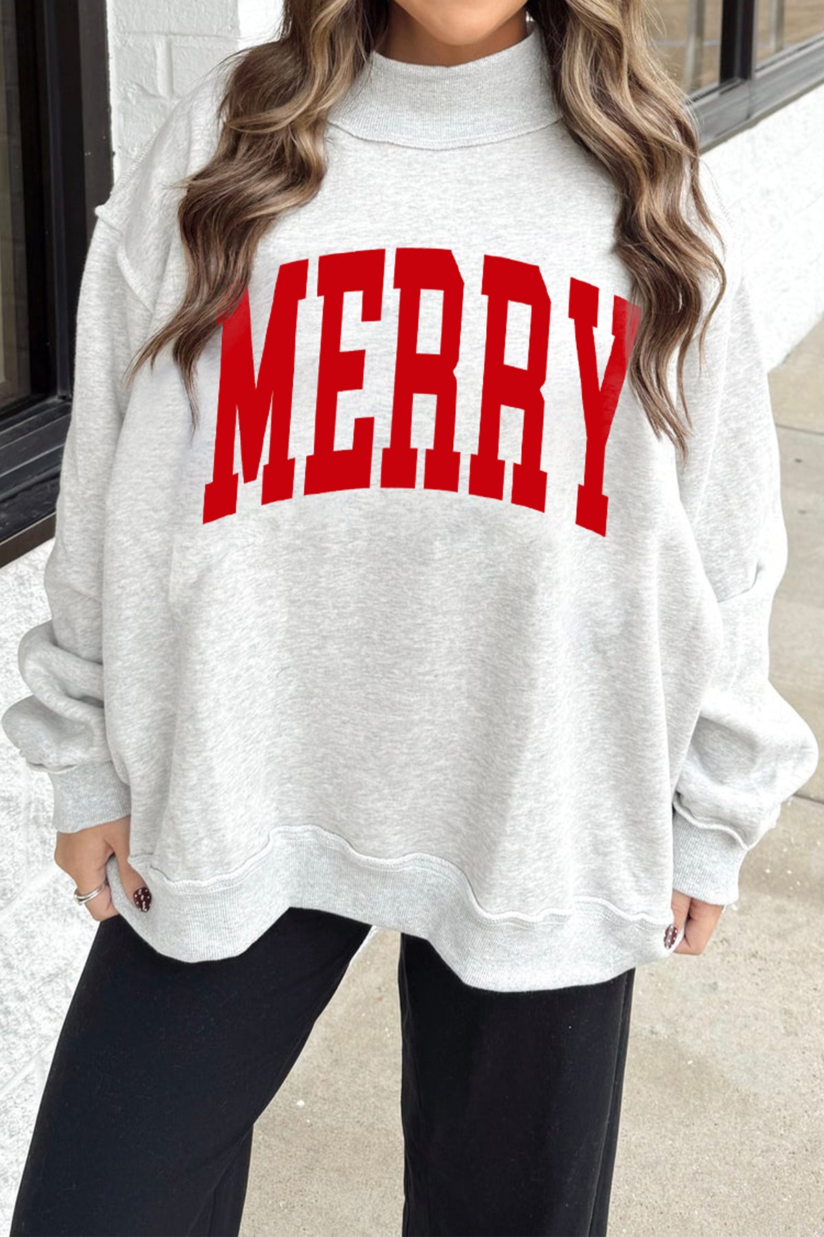 Light Grey Christmas Slogan High Neck Customized Sweatshirt