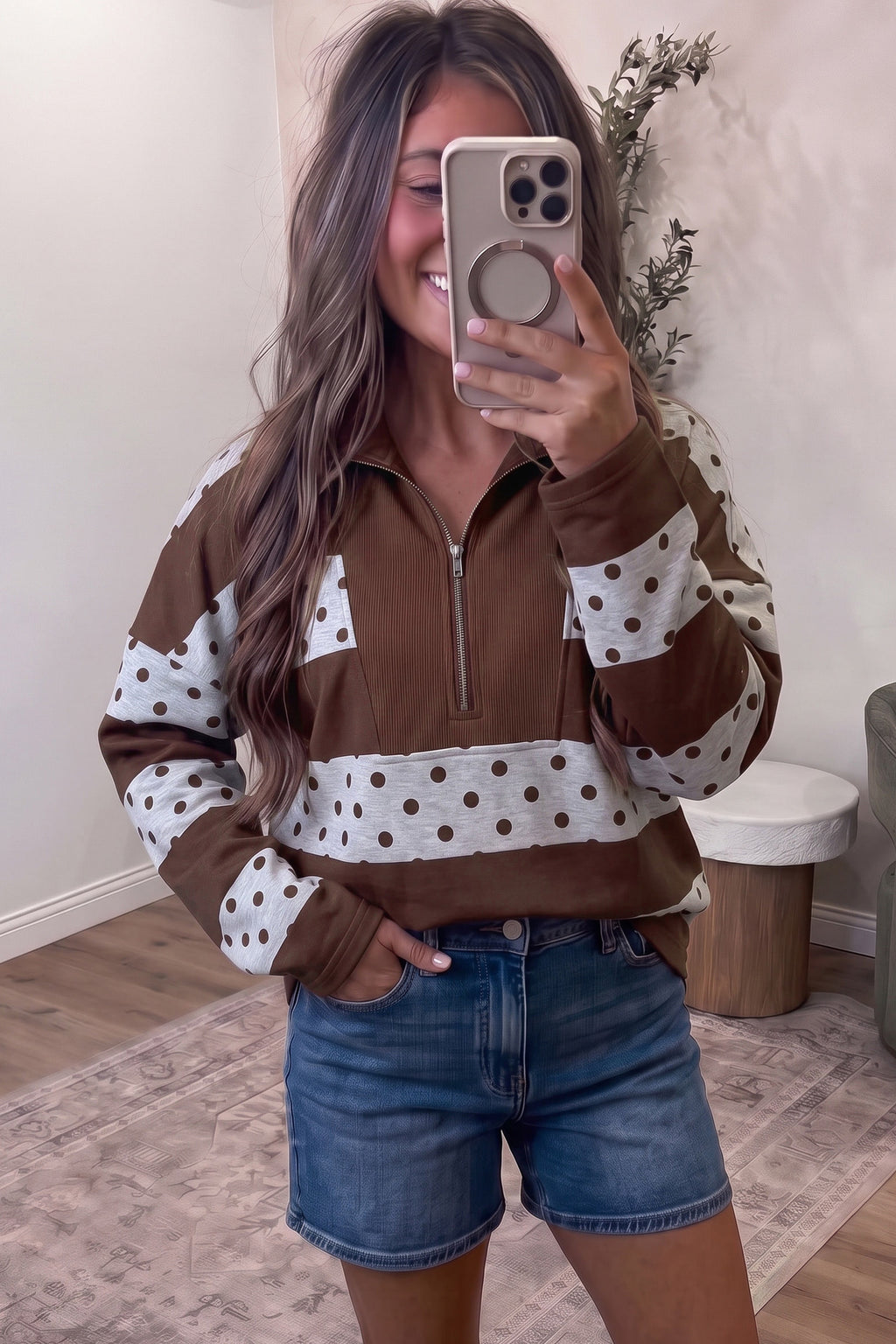 Pink Stripe Patchwork Polka Dot Accent Quarter Zip Long Sleeve Top