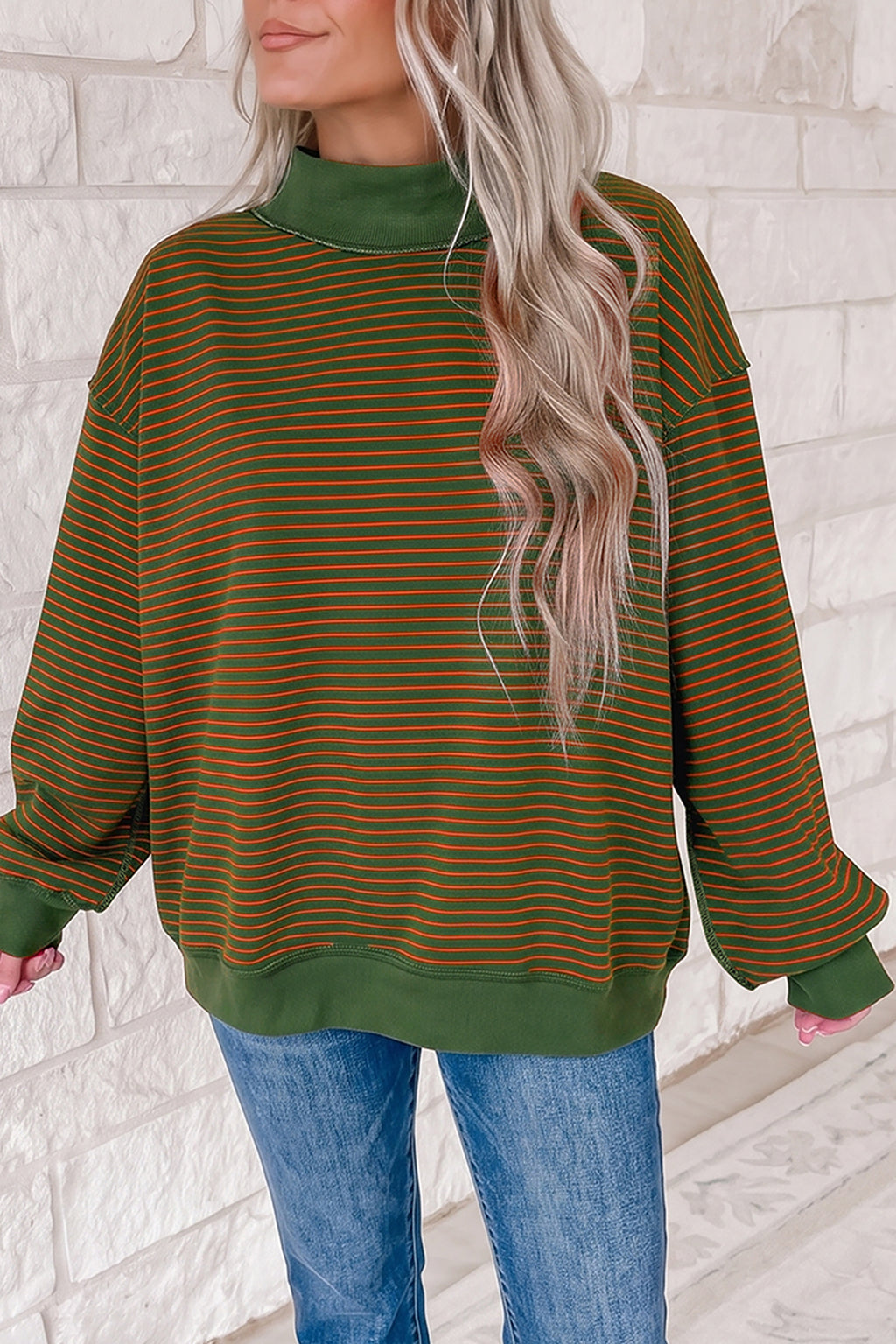 Khaki Stripe Ribbed Color Block Mock Neck Oversized Sweatshirt