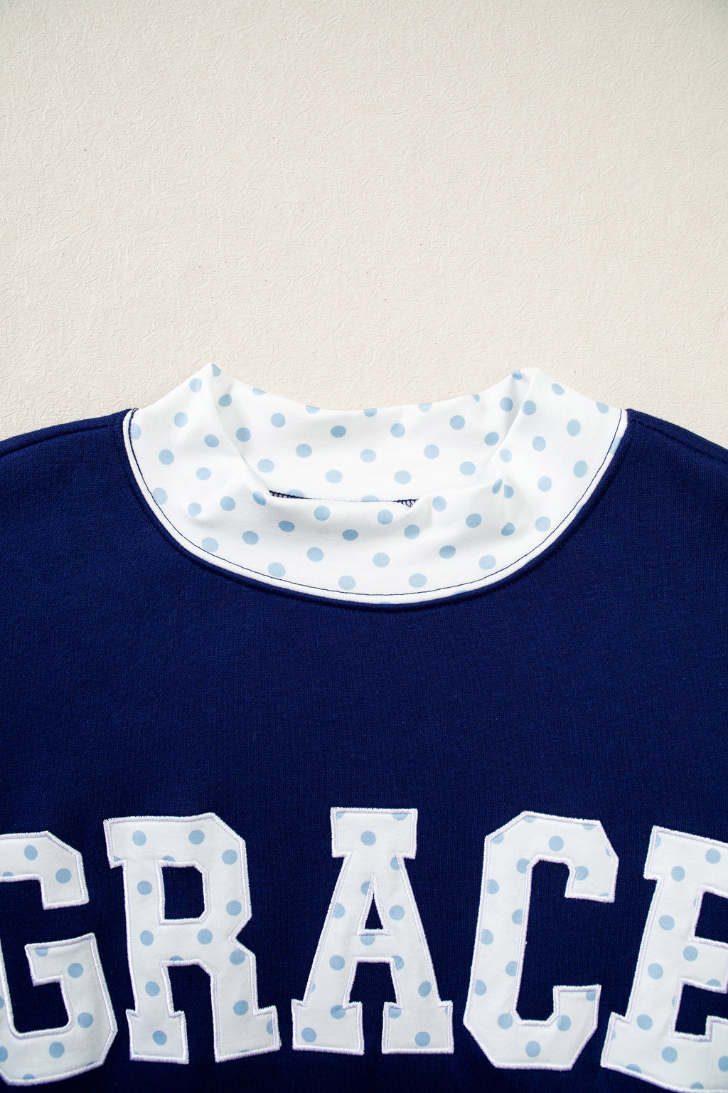 Dirty blue Polka Dot Trim High Neck GRACE Letter Graphic Baggy Sweatshirt