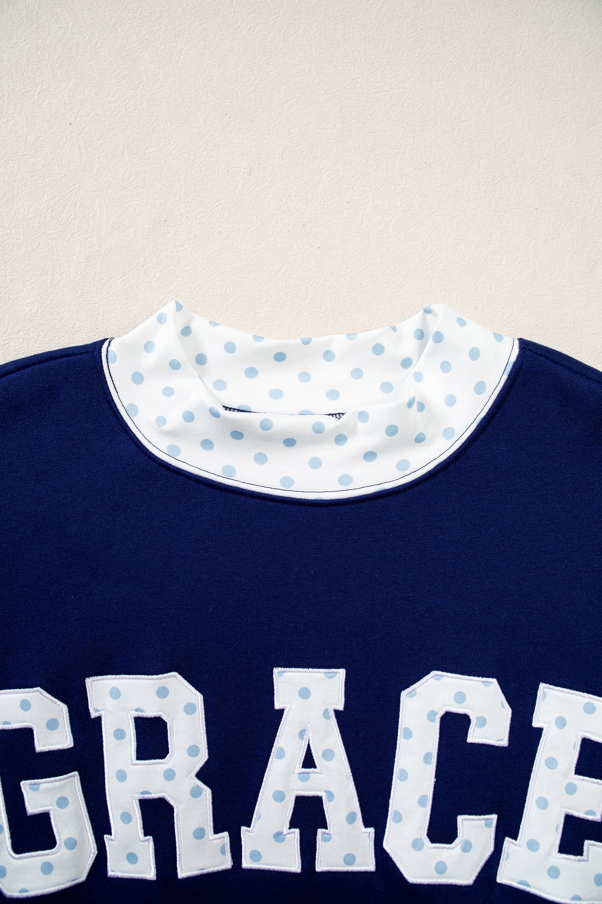 Dirty blue Polka Dot Trim High Neck GRACE Letter Graphic Baggy Sweatshirt